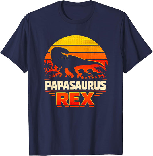 Papasaurus Rex T-Rex Dinosaur Retro Sunset Father Apparel T-Shirt - T-Shirt | Navy