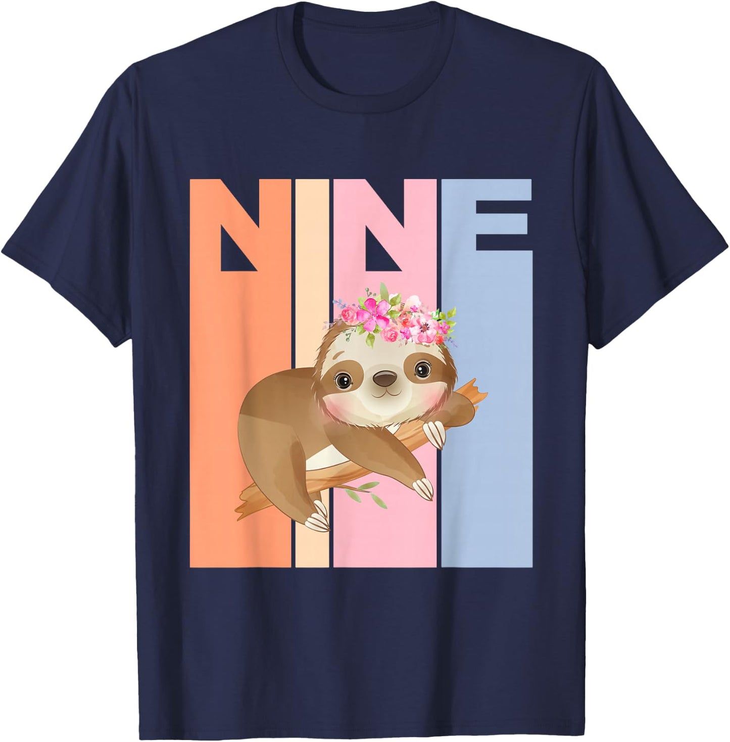9 Years Old Cute Sloth Birthday Girl 9th Birthday Party T-Shirt - T-Shirt | Navy