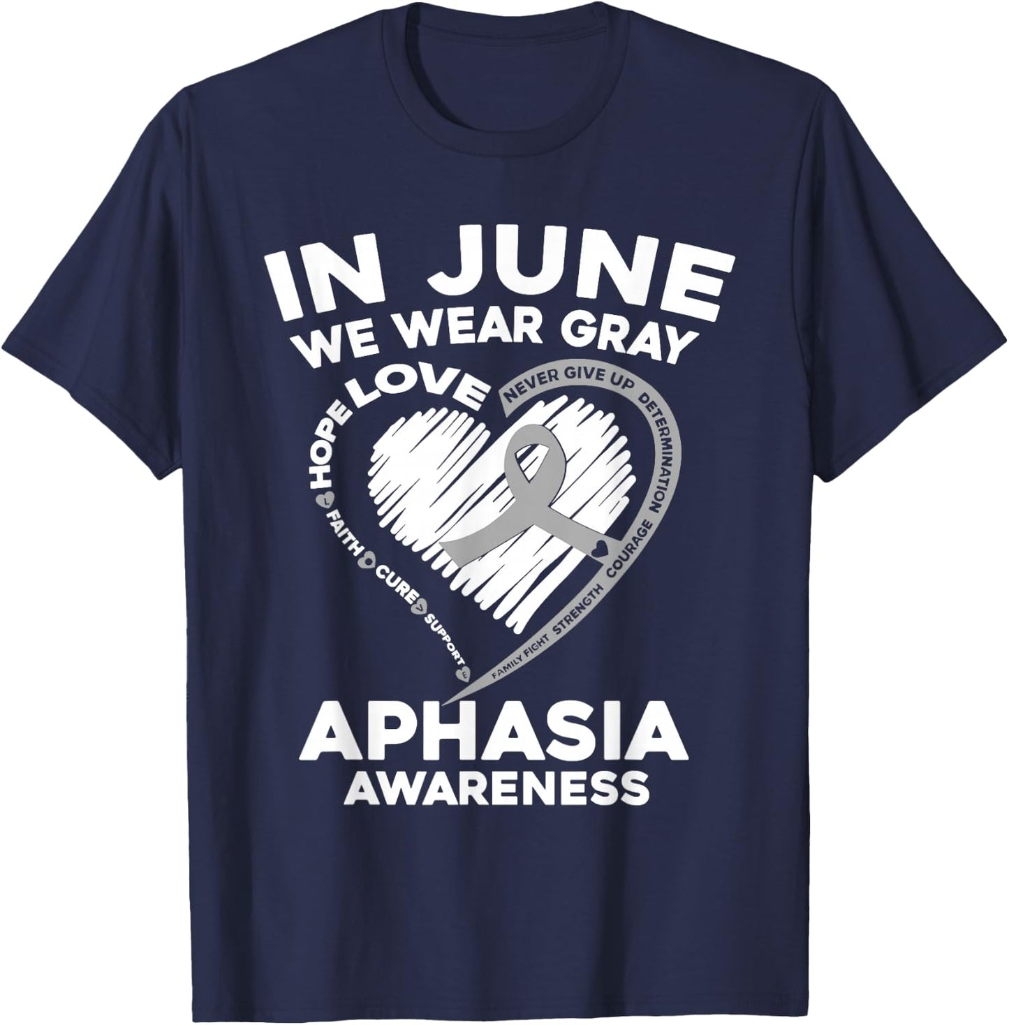 Aphasia Awareness Gray Ribbon Support Family Matching T-Shirt - T-Shirt | Navy