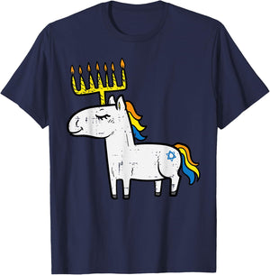 Menorah Unicorn Jewnicorn Hanukkah Pajamas Chanukah PJs Girl T-Shirt - T-Shirt | Navy
