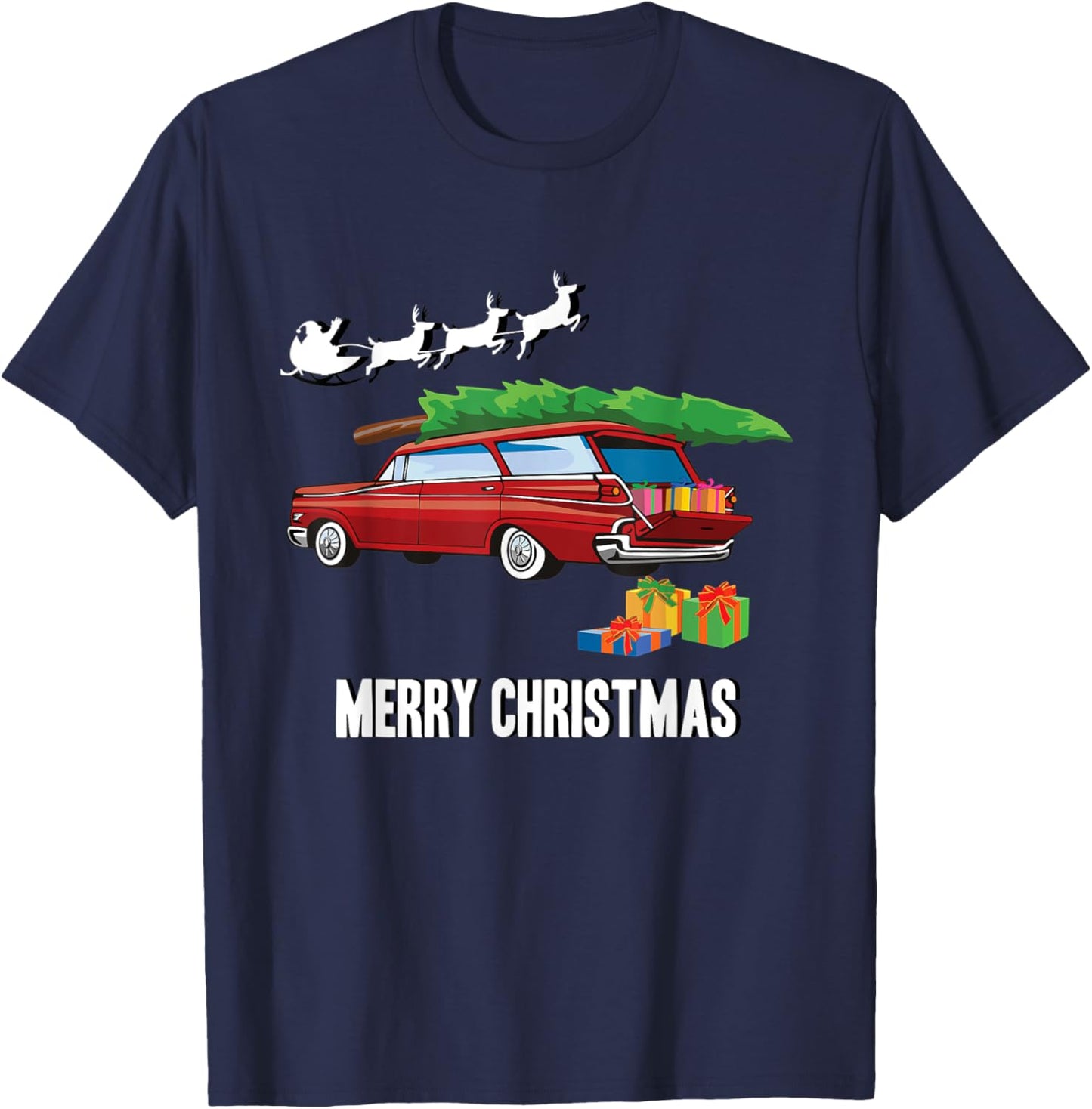Classic Car Retro Station Wagon - Merry Christmas T-Shirt - T-Shirt | Navy