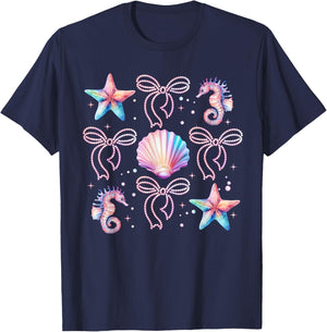 Retro Summer Vibes Beach Coquette Bow Summer Girls T-Shirt - T-Shirt | Navy