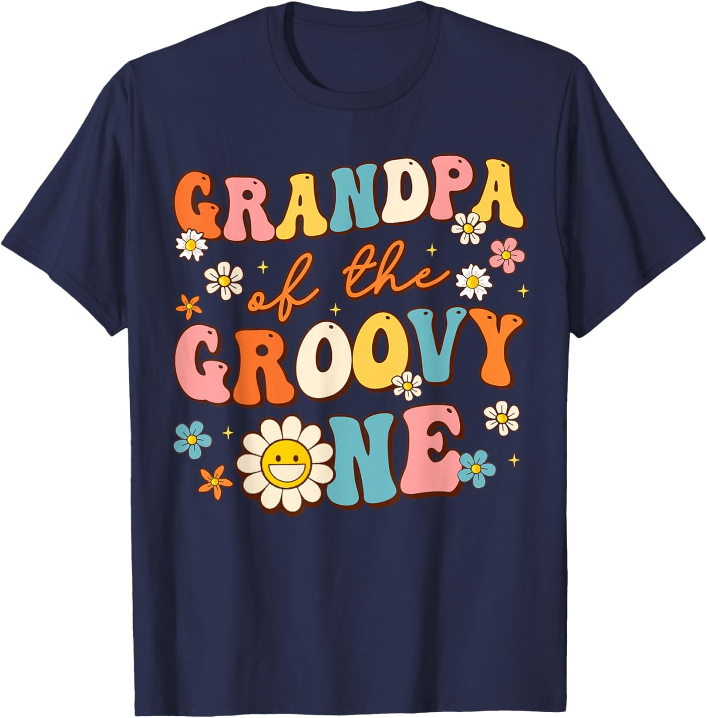 Grandpa Of Groovy One 1st Birthday Pregnancy Announcement T-Shirt - T-Shirt | Navy
