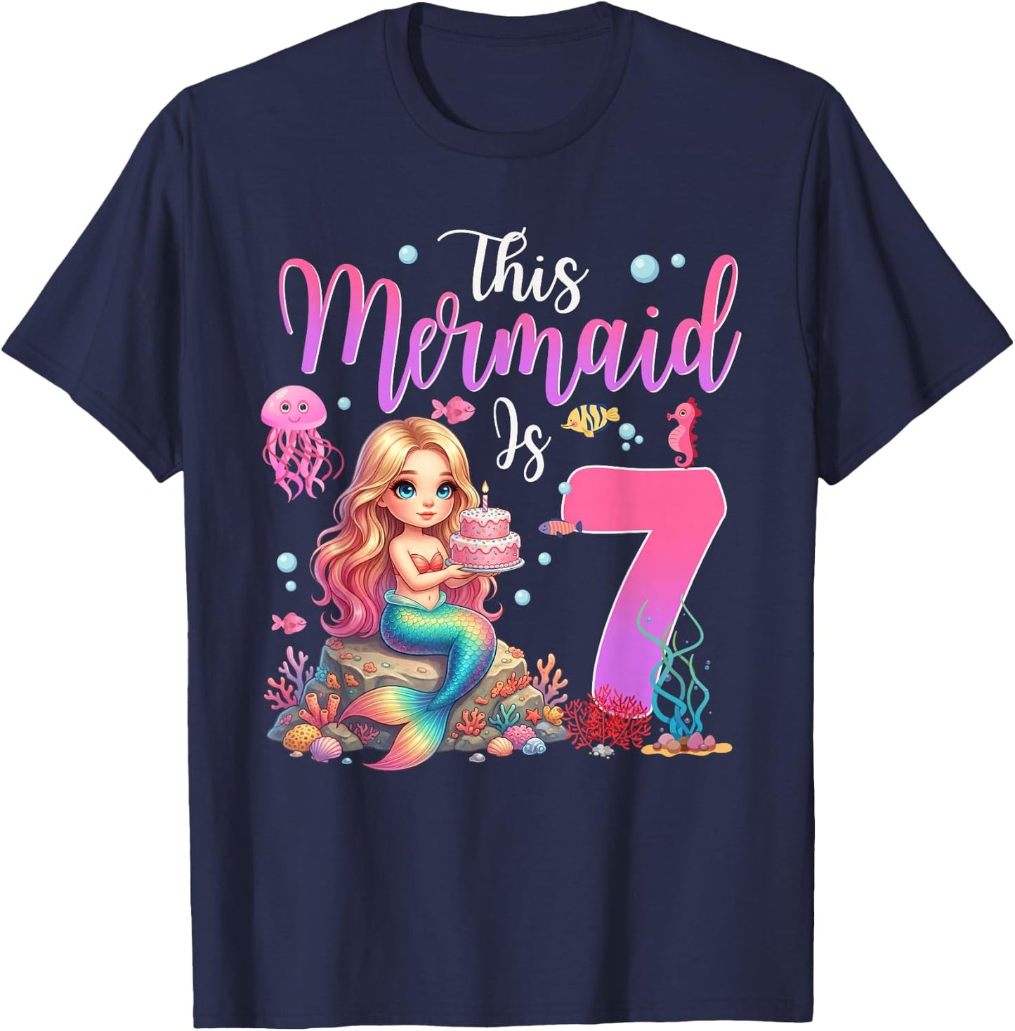 This Mermaid is 7 Year Old Girls 7th Birthday Mermaid T-Shirt - T-Shirt | Navy