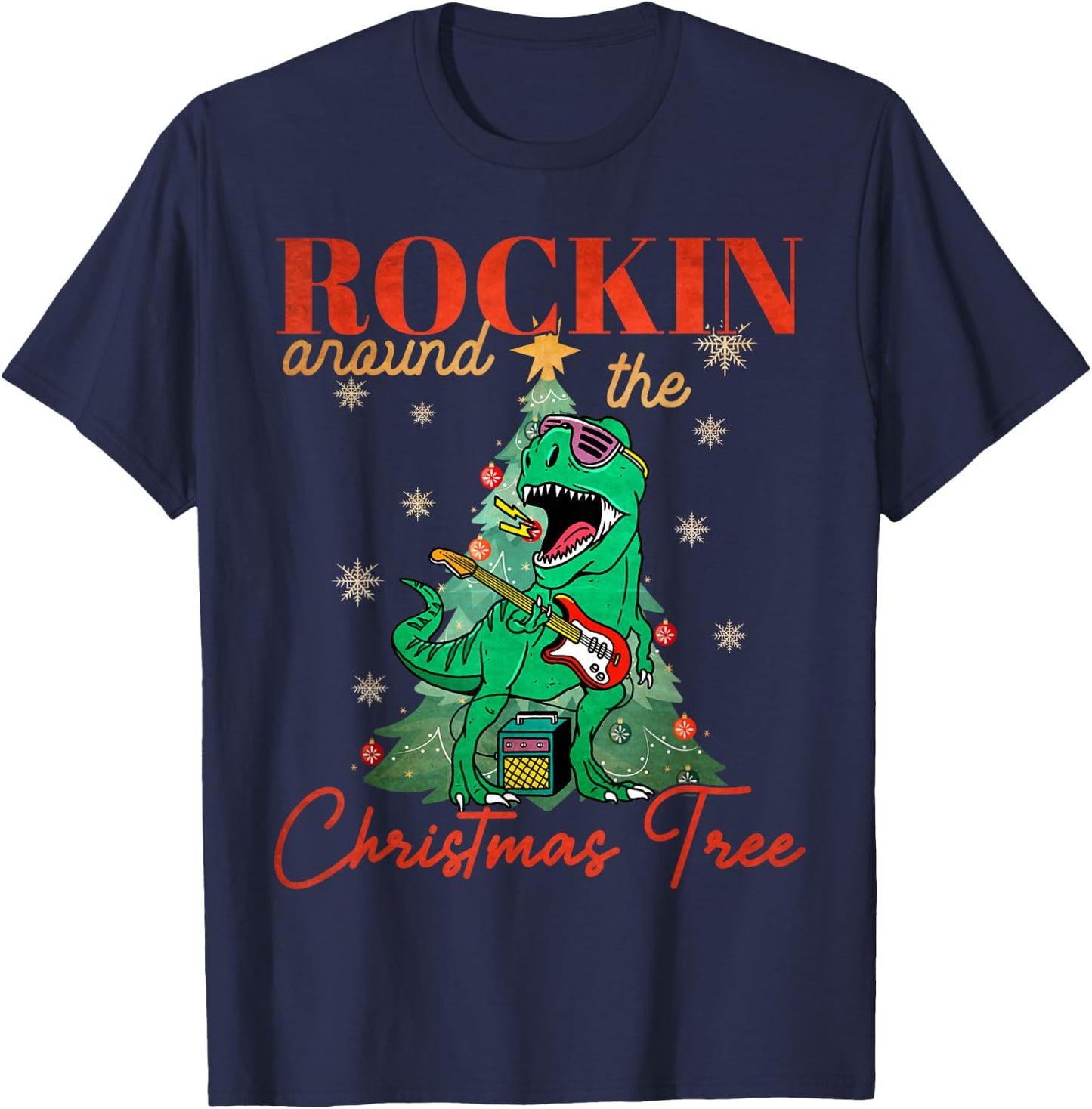 Rocking Around The Christmas Tree T-rex Rock and Roll Guitar T-Shirt - T-Shirt | Navy