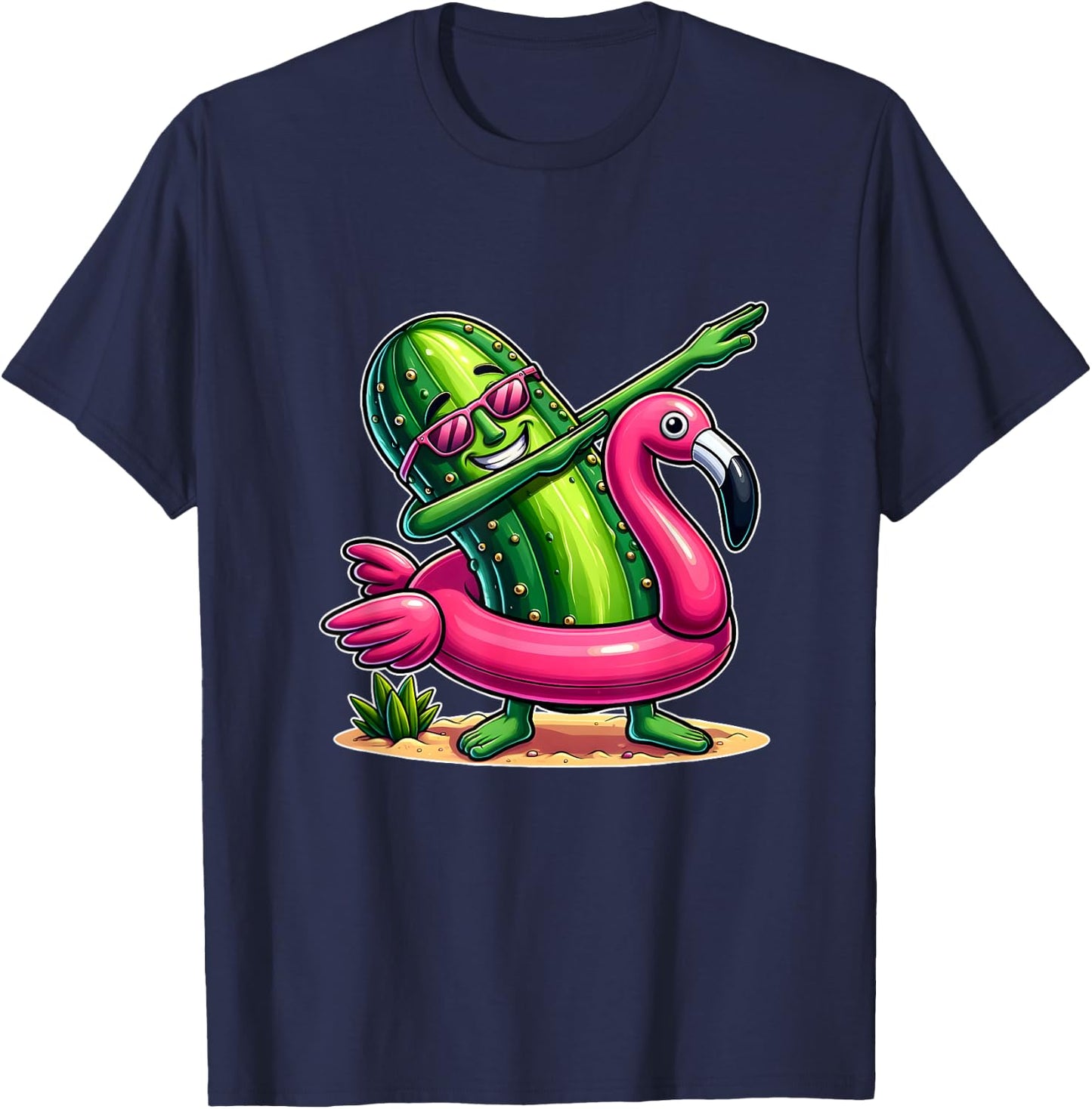 Unique Dabbing Pickle Flamingo Summer Fun T-Shirt - T-Shirt | Navy