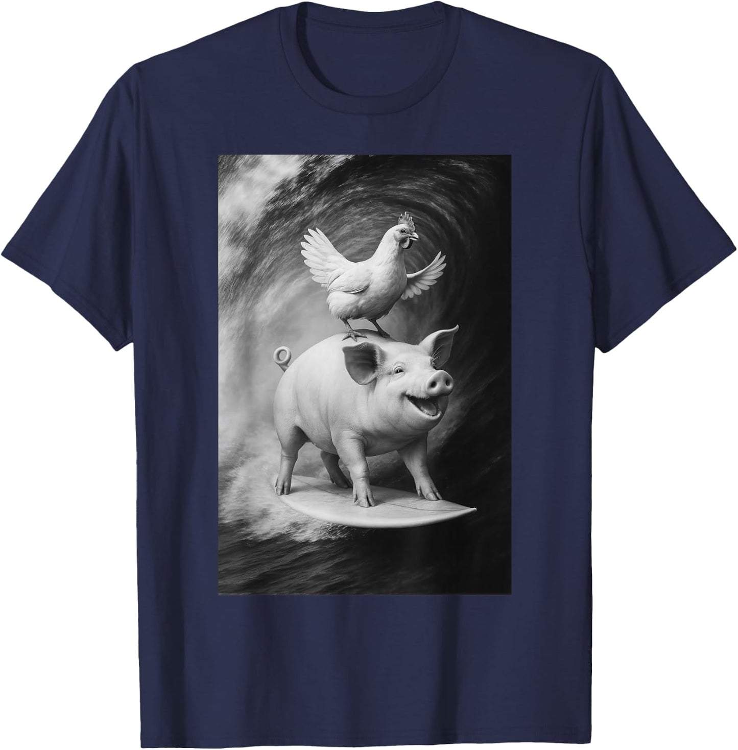 Funny Surfing Pig and Chicken Selfie On Farm Animal T-Shirt - T-Shirt | Navy