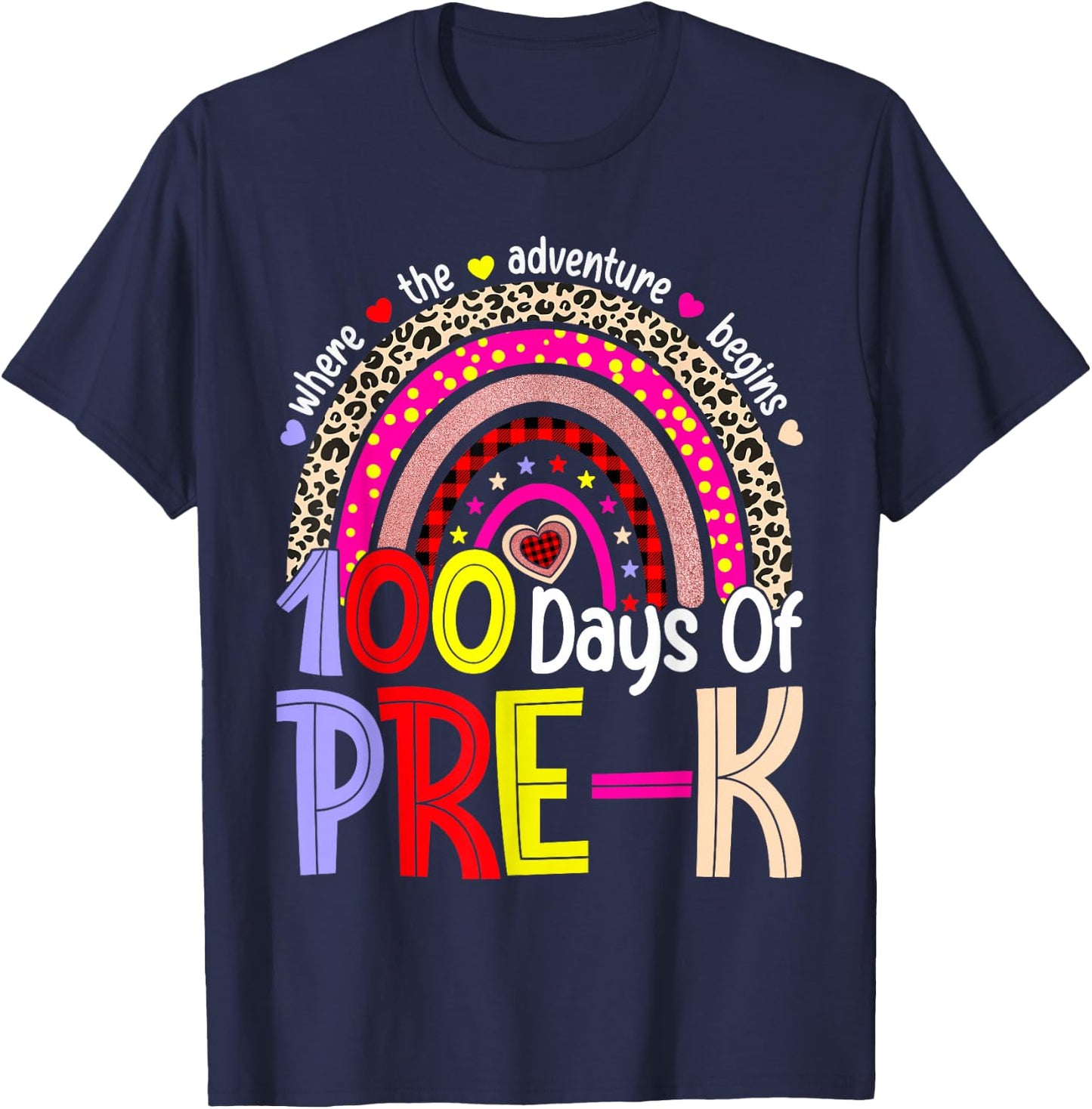 100 Days of Pre-K Happy 100th Day of School Rainbow Leopard T-Shirt - T-Shirt | Navy