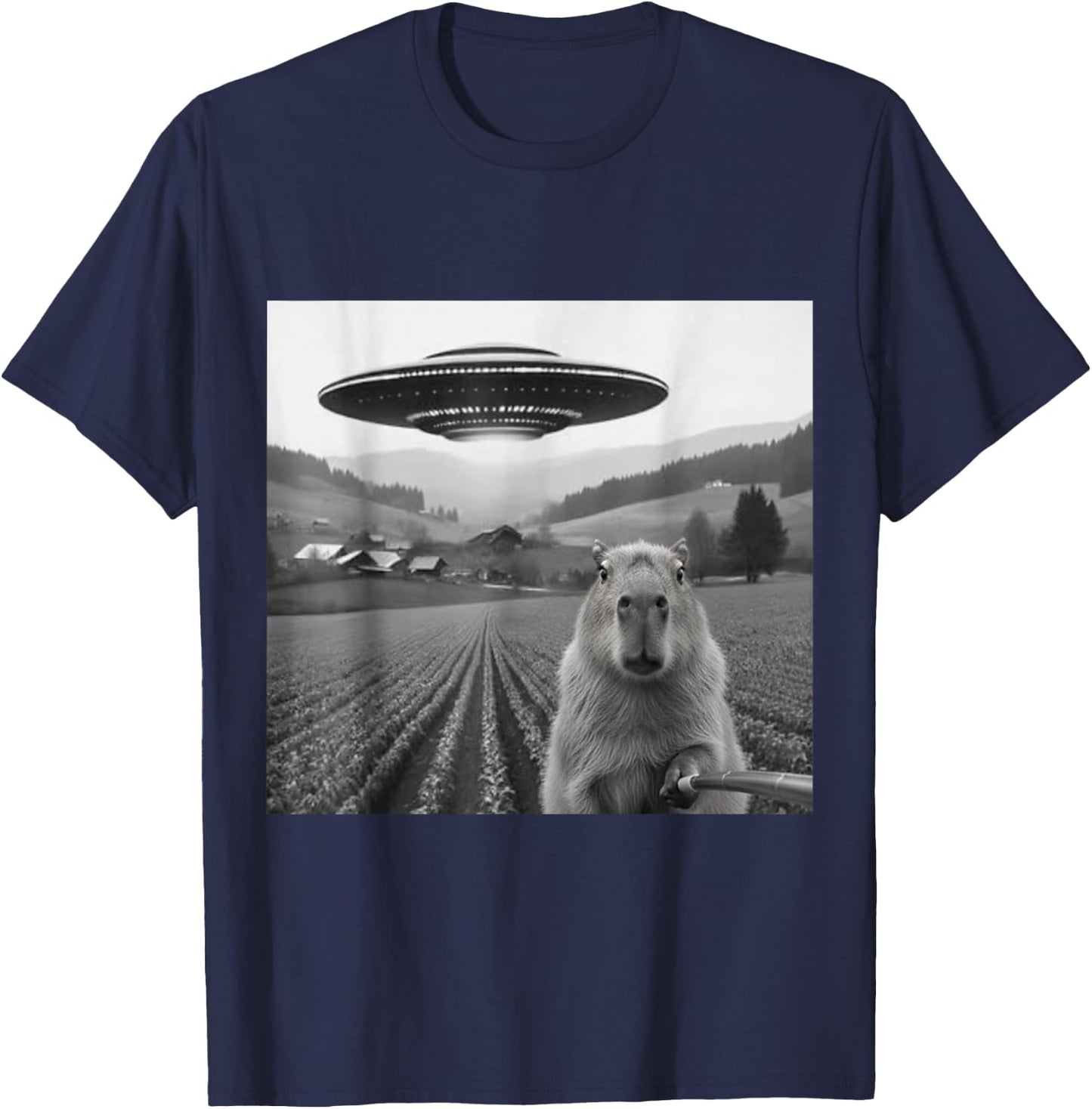 Capybara Selfie with Alien UFO Shirts Funny Gifts T-Shirt - T-Shirt | Navy