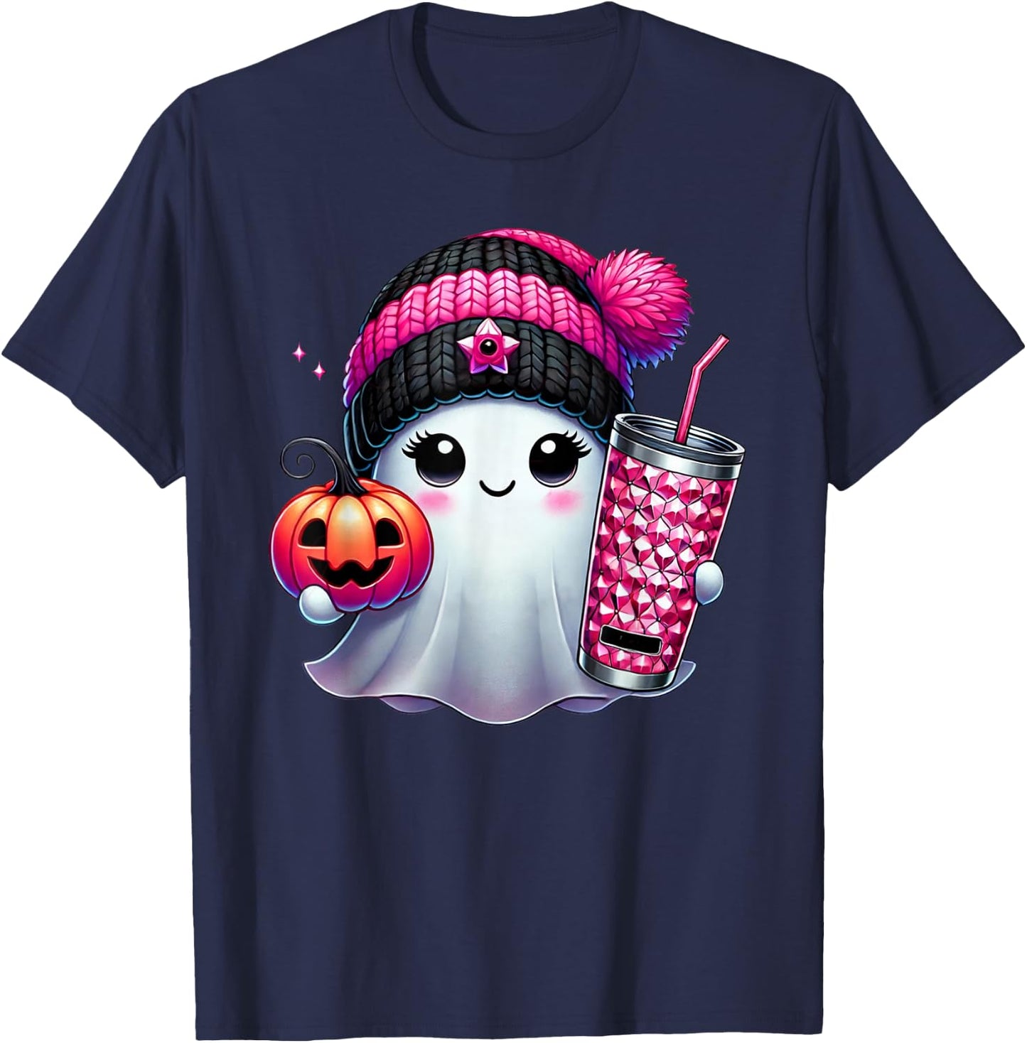 Cute Ghost Drinking Coffee Halloween Ghost Ice Coffee T-Shirt - T-Shirt | Navy