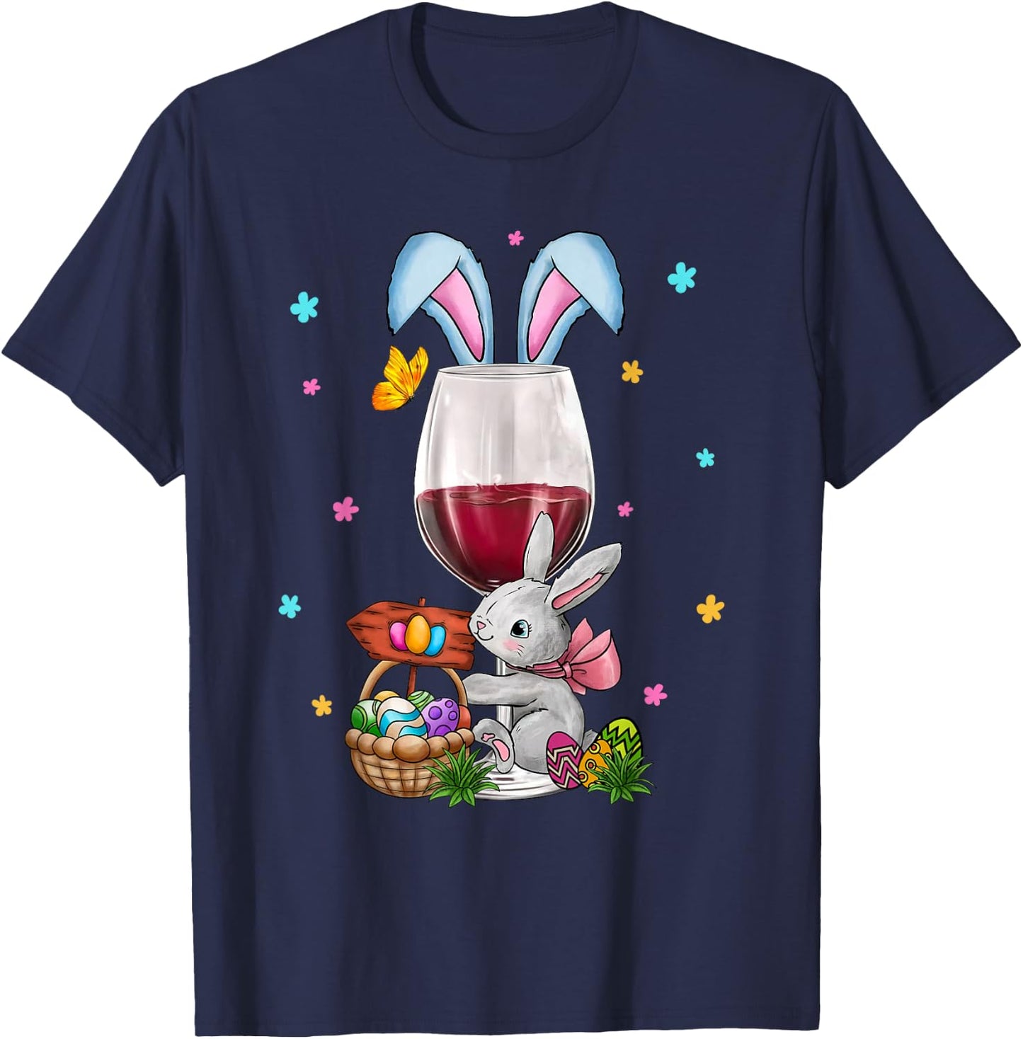 Cute Easter Wine Glasses Bunny Ears Drink Up Women Men T-Shirt - T-Shirt | Navy