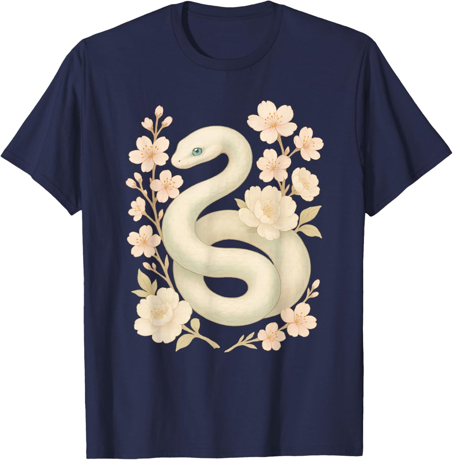 Elegant White Mint Snake with Peony Cherry Blossom Flowers T-Shirt - T-Shirt | Navy