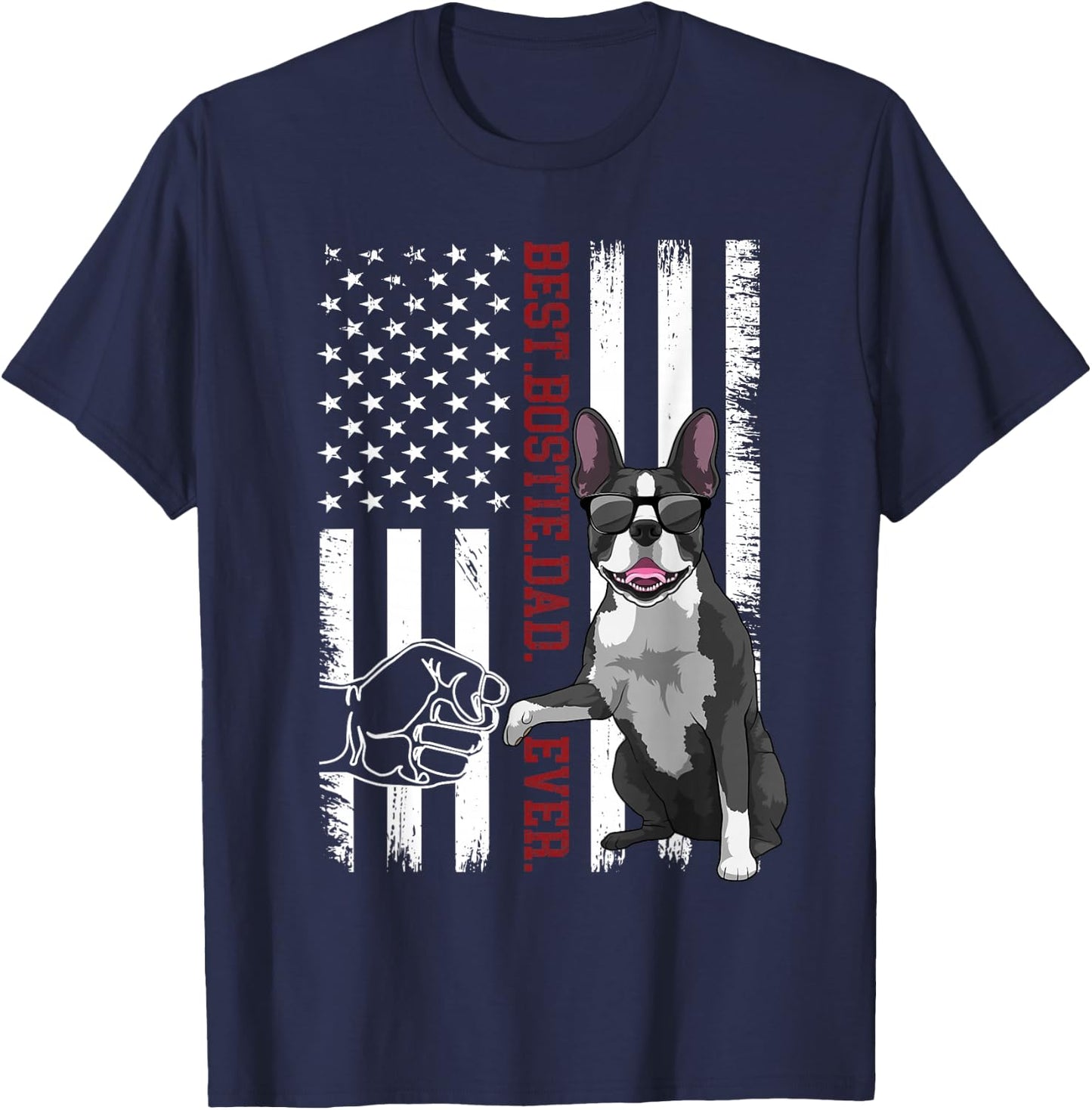 Boston Terrier Dad Dog American Flag Bostie Dog T-Shirt - T-Shirt | Navy