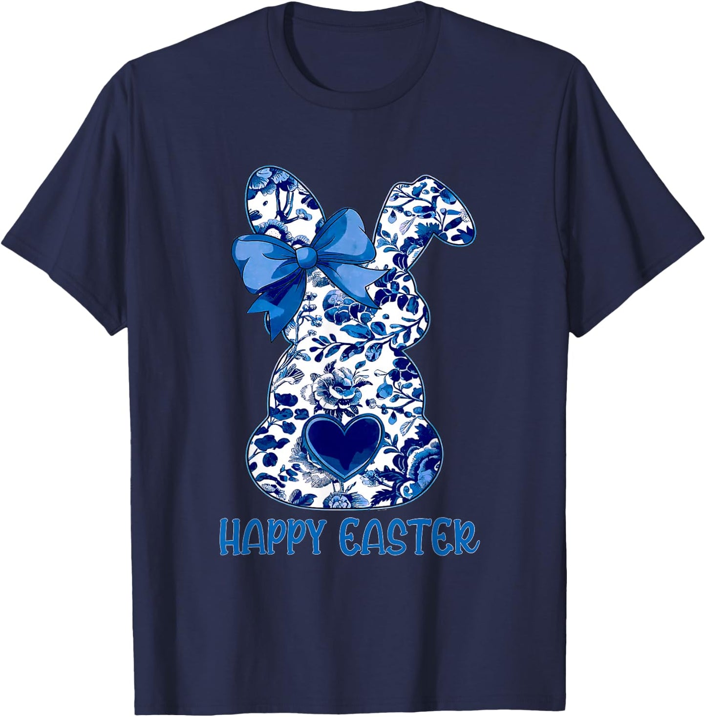Easter Chinoiserie Floral Bunny With Cute Blue Bow Coquette T-Shirt - T-Shirt | Navy