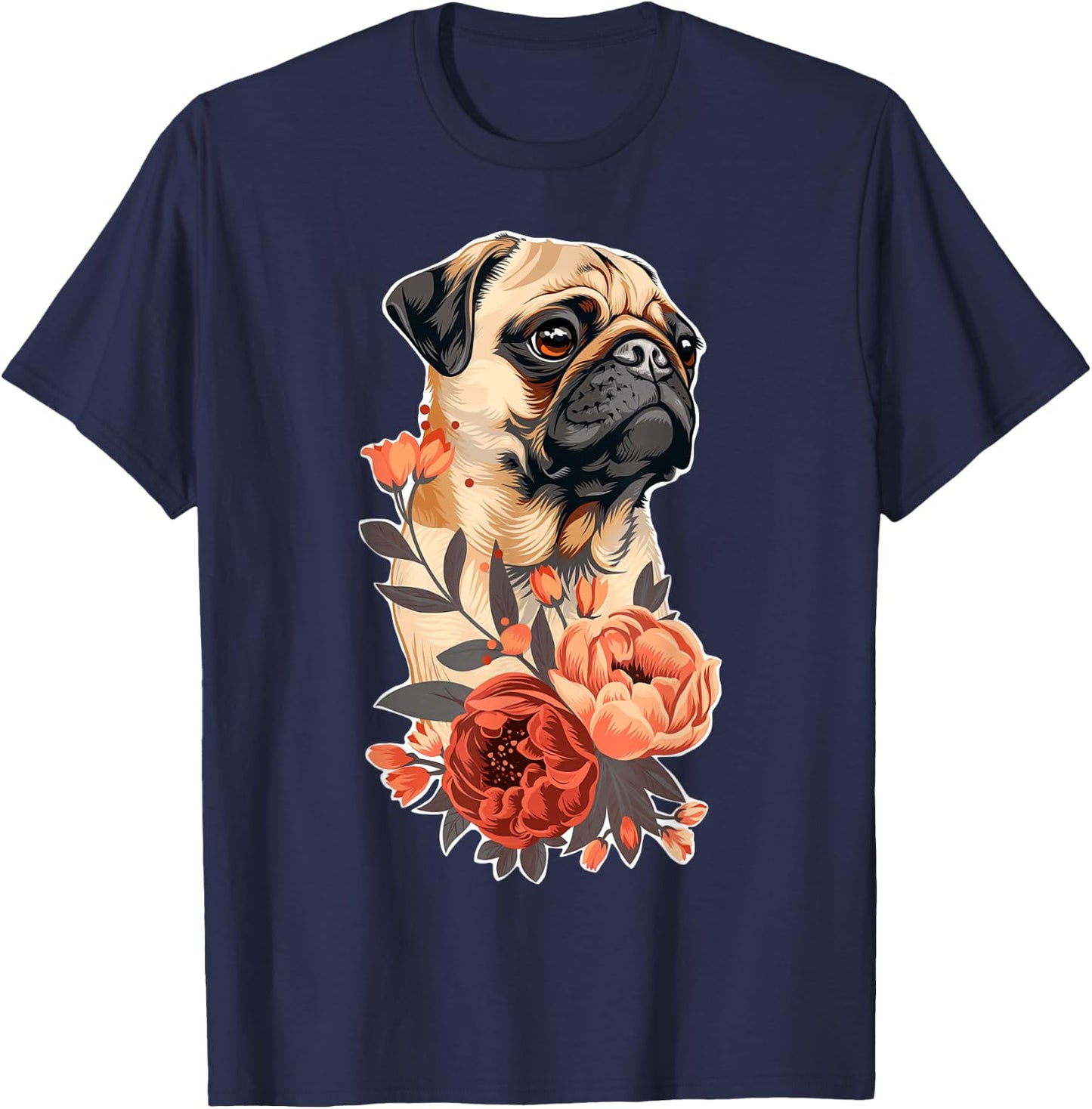 Cute Pug Dog Flowers Pug T-Shirt - T-Shirt | Navy