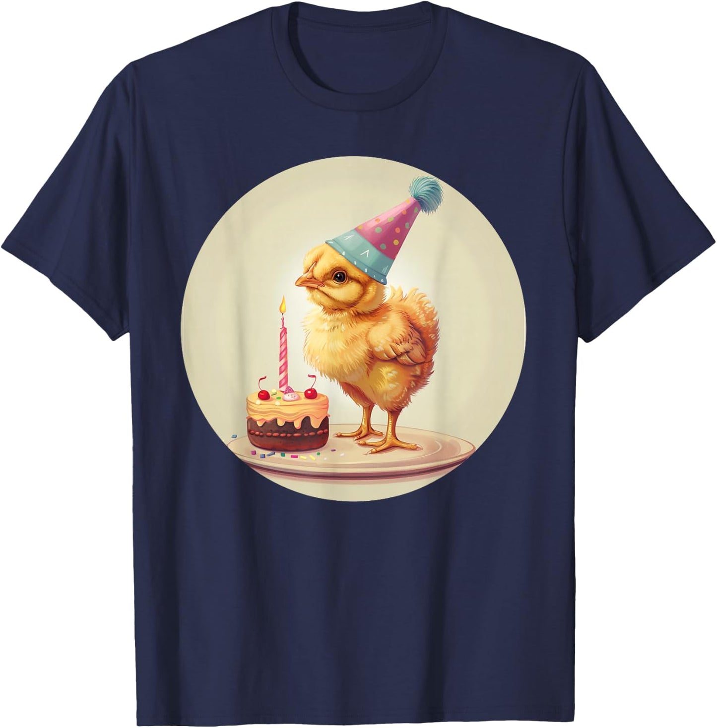 Happy Birthday Chick with Party Hat for Poultry and Hen Fans T-Shirt - T-Shirt | Navy