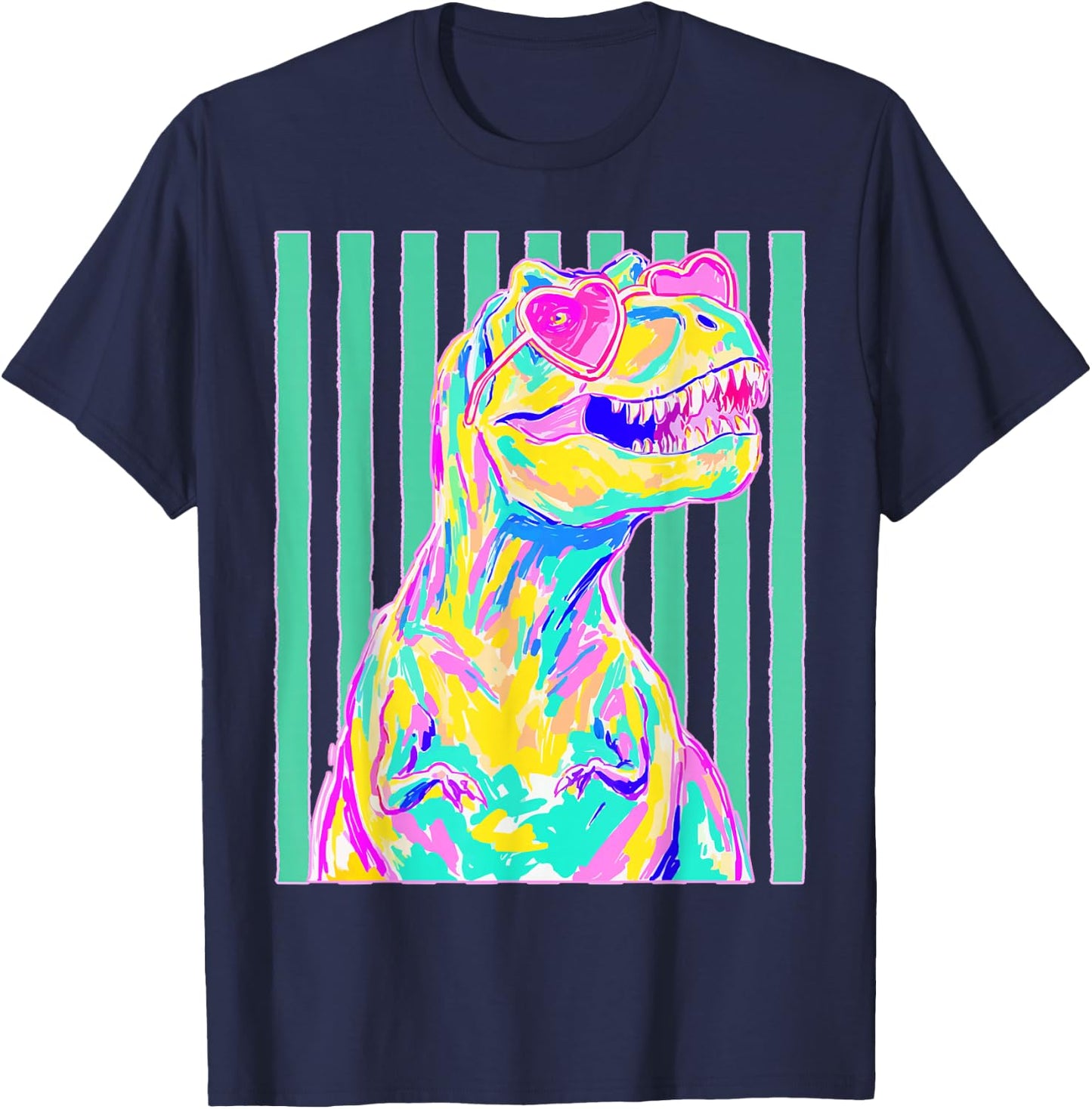 Cute T-rex with Heart Sunglasses Dinosaur Summer Stripes T-Shirt - T-Shirt | Navy