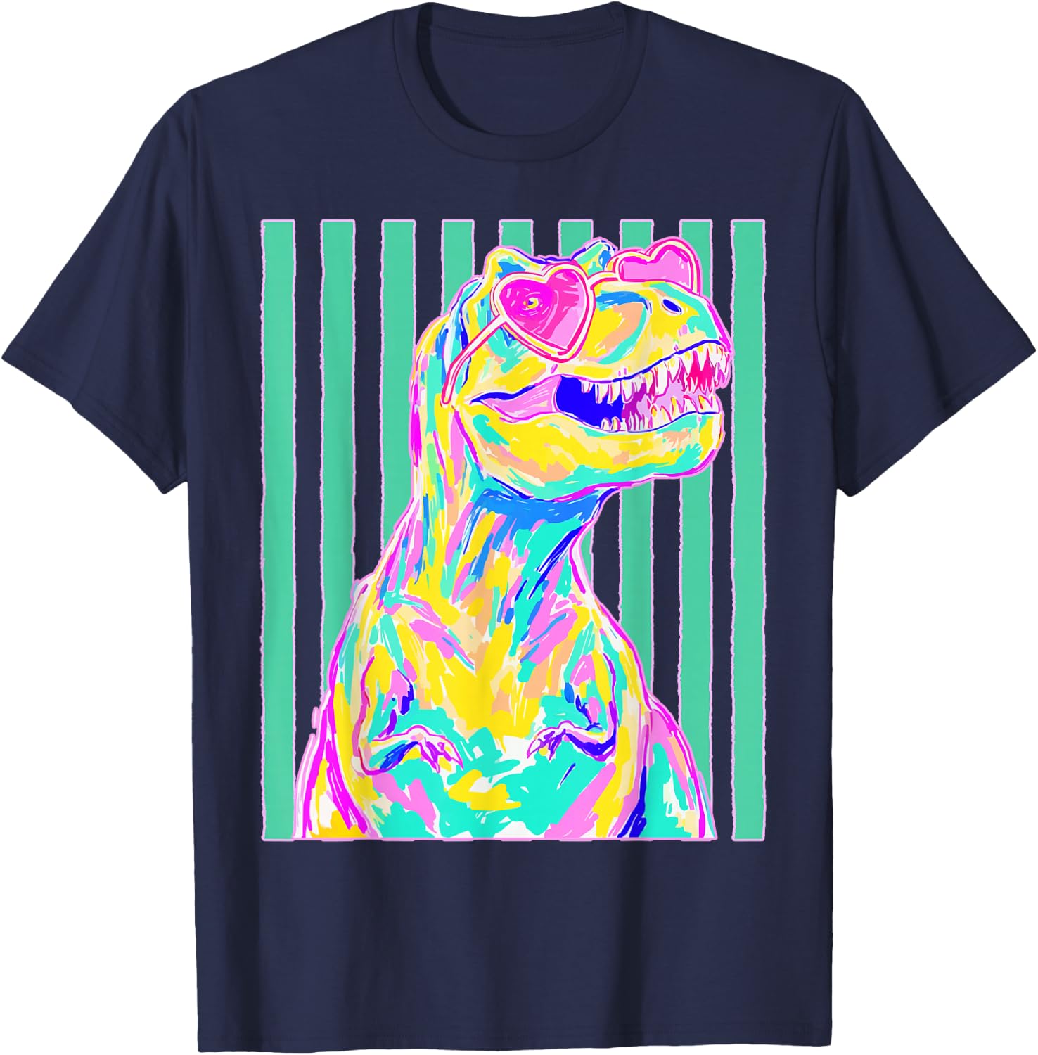 Cute T-rex with Heart Sunglasses Dinosaur Summer Stripes T-Shirt - T-Shirt | Navy
