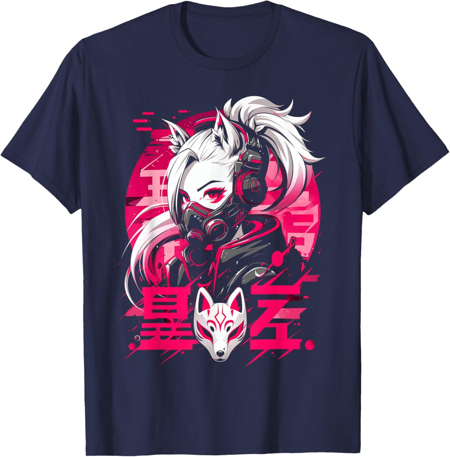 Anime Manga Cyberpunk Aesthetic Techwear Harajuku Kitsune , black T-Shirt - T-Shirt | Navy