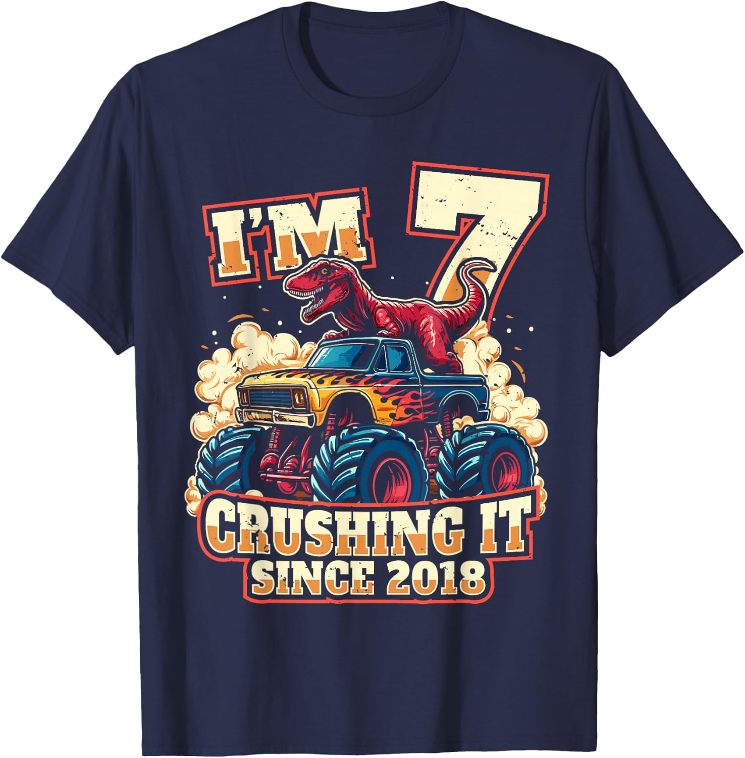 7 Year Old Boys 7th Birthday Dinosaur Monster Truck Party T-Shirt - T-Shirt | Navy