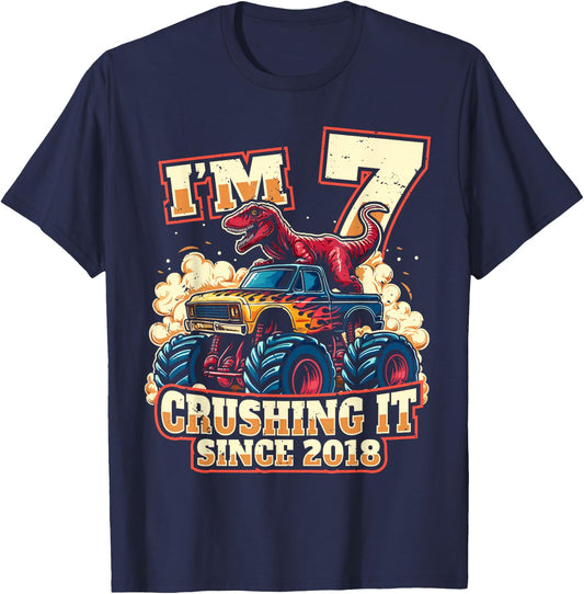 7 Year Old Boys 7th Birthday Dinosaur Monster Truck Party T-Shirt - T-Shirt | Navy