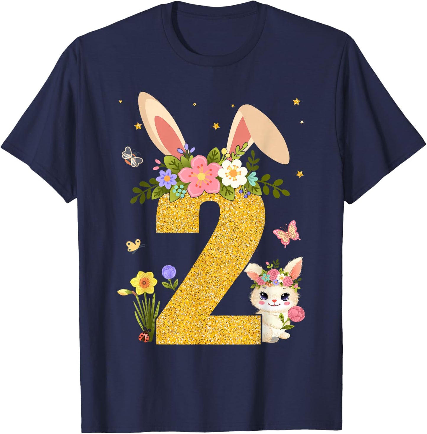2nd Birthday Rabbit Two Year Old Sweet Baby Bunny Ears T-Shirt - T-Shirt | Navy