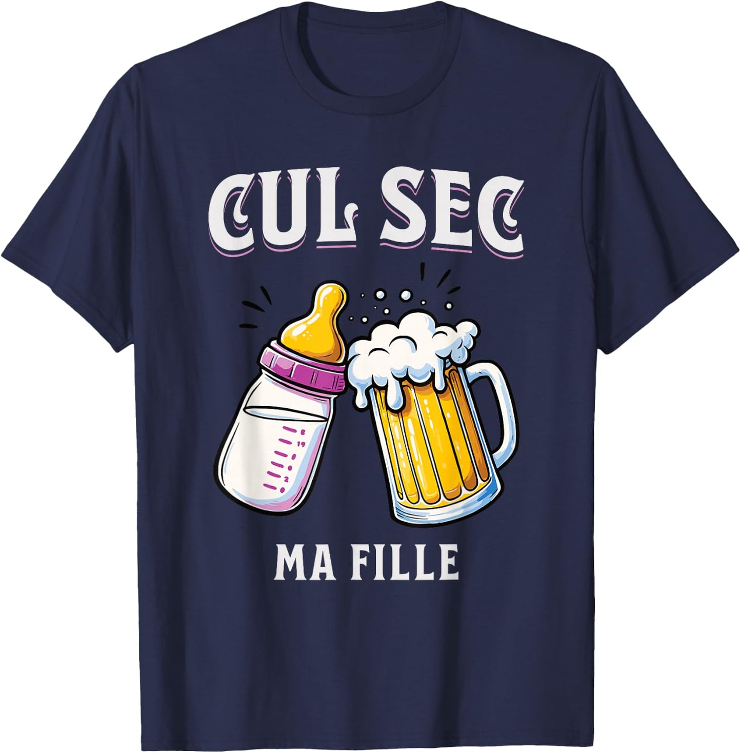 Funny Gift Dad Newborn Baby Girl Bottle & Beer , Black, S T-Shirt - T-Shirt | Navy