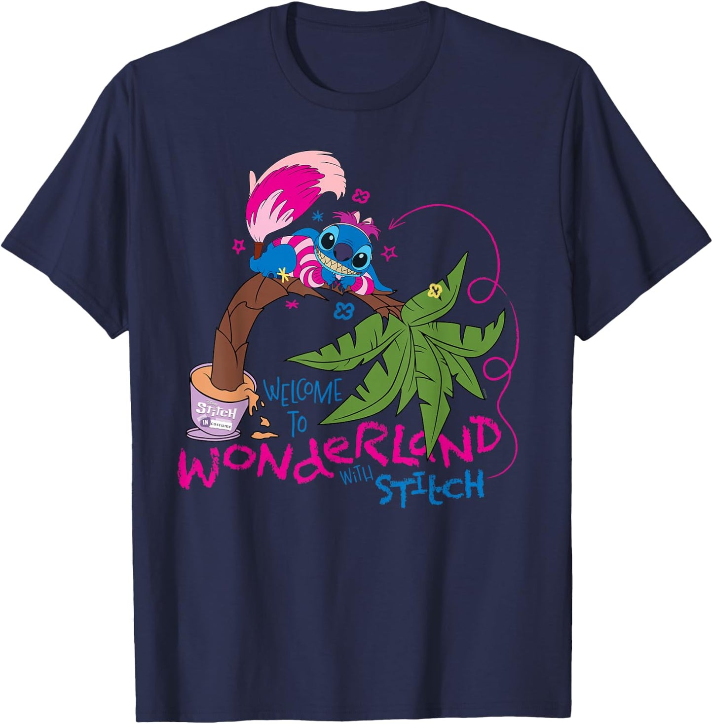 Disney 100 Stitch in Costume Cheshire Cat Wonderland Welcome T-Shirt - T-Shirt | Navy