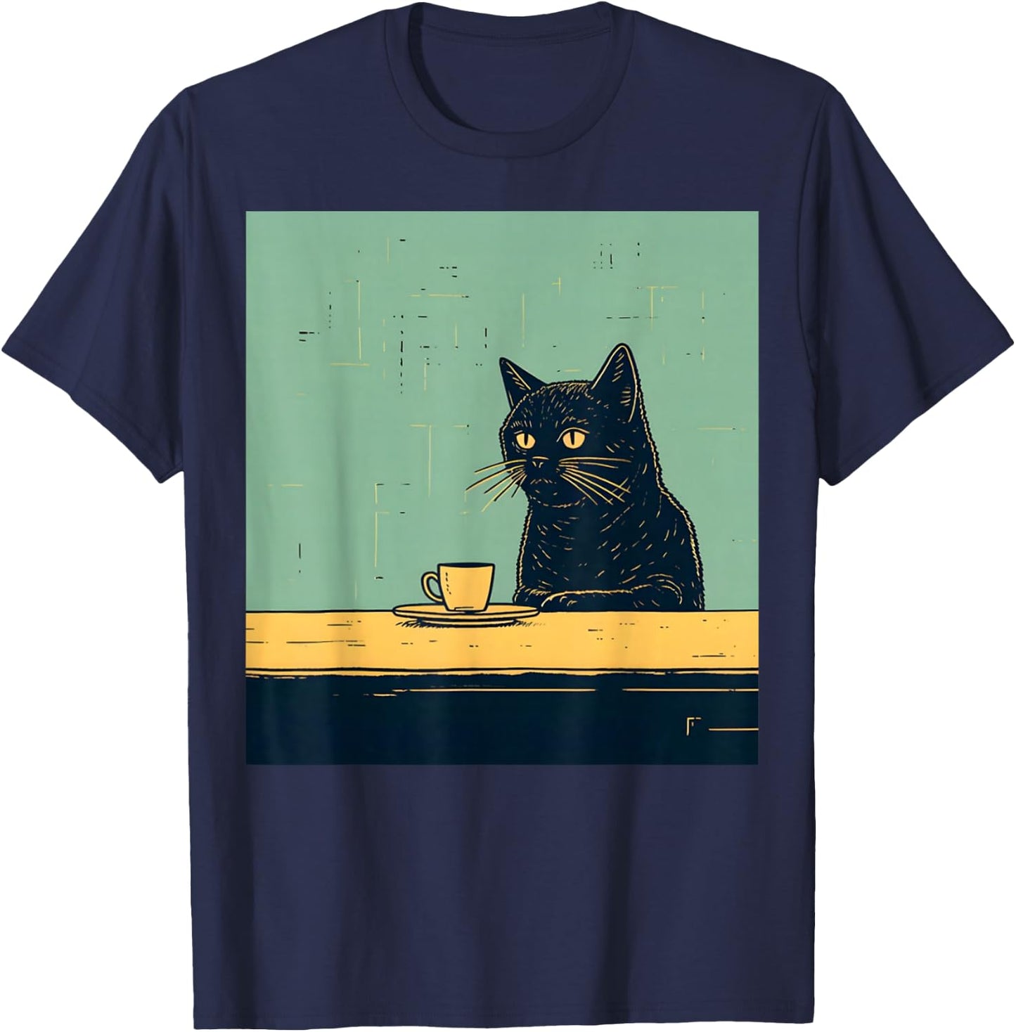 Funny Black Cat Chilling with Coffee Retro Vintage T-Shirt - T-Shirt | Navy