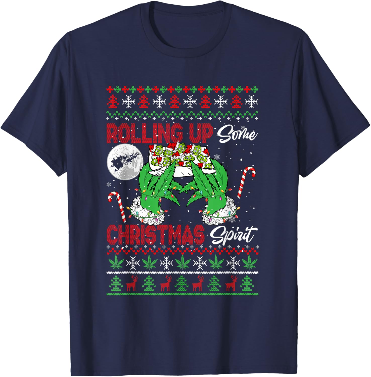 Rolling Up Some Xmas Spirit Funny Santa Smoker Sweater T-Shirt - T-Shirt | Navy