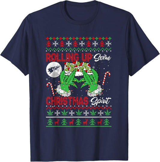 Rolling Up Some Xmas Spirit Funny Santa Smoker Sweater T-Shirt - T-Shirt | Navy