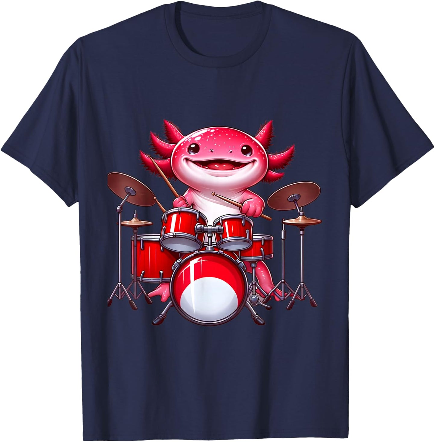 Axolotl Playing Drum Set Percussionist Drummer T-Shirt - T-Shirt | Navy