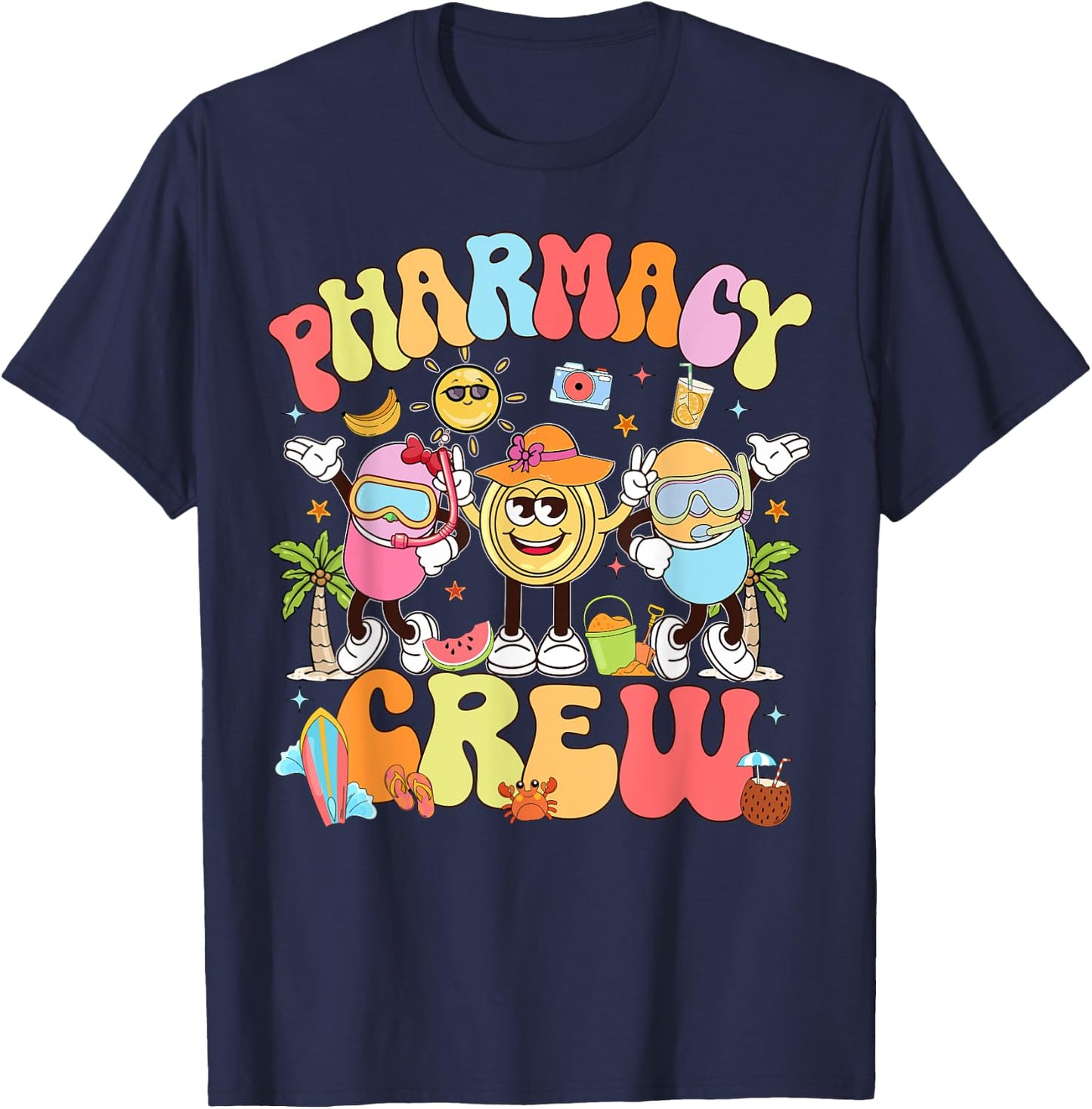 Retro Pharmacy Crew Summer Vacation Pharm Tech T-Shirt - T-Shirt | Navy