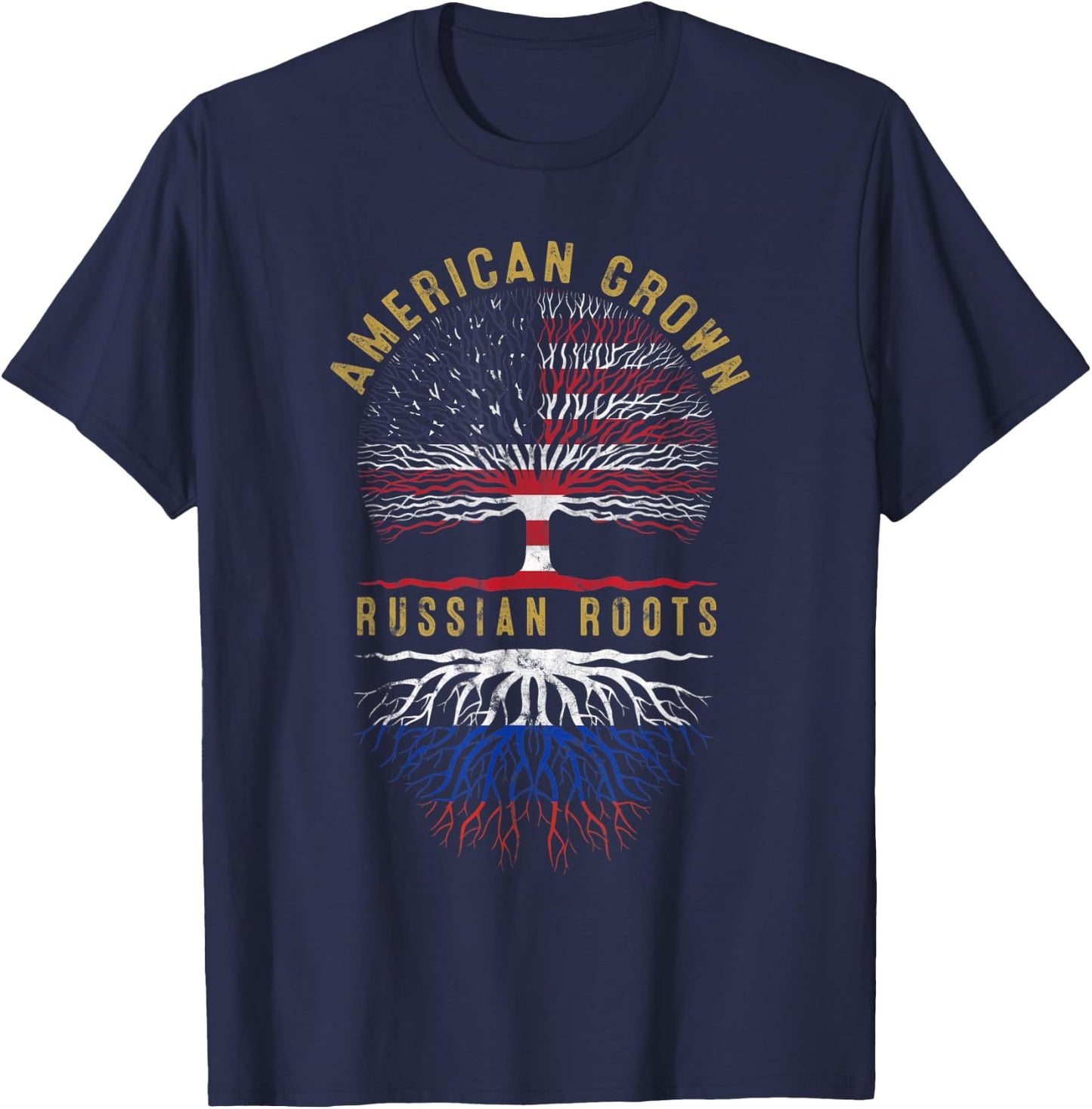 Distressed Tree USA Flag American Grown Russian Roots T-Shirt - T-Shirt | Navy