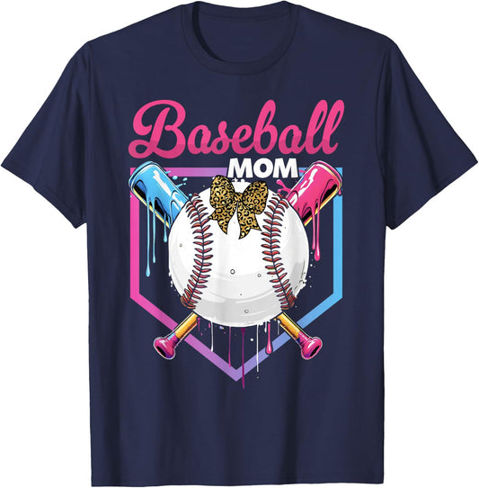 Baseball Drip Mom Cute Bow Baseball Women Mother's Day T-Shirt - T-Shirt | Navy