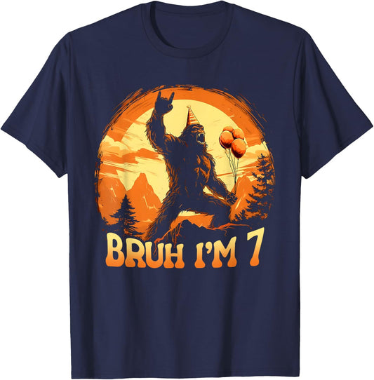 Bruh I'm 7 Funny Bigfoot Birthday Believer Movie Decorations T-Shirt - T-Shirt | Navy