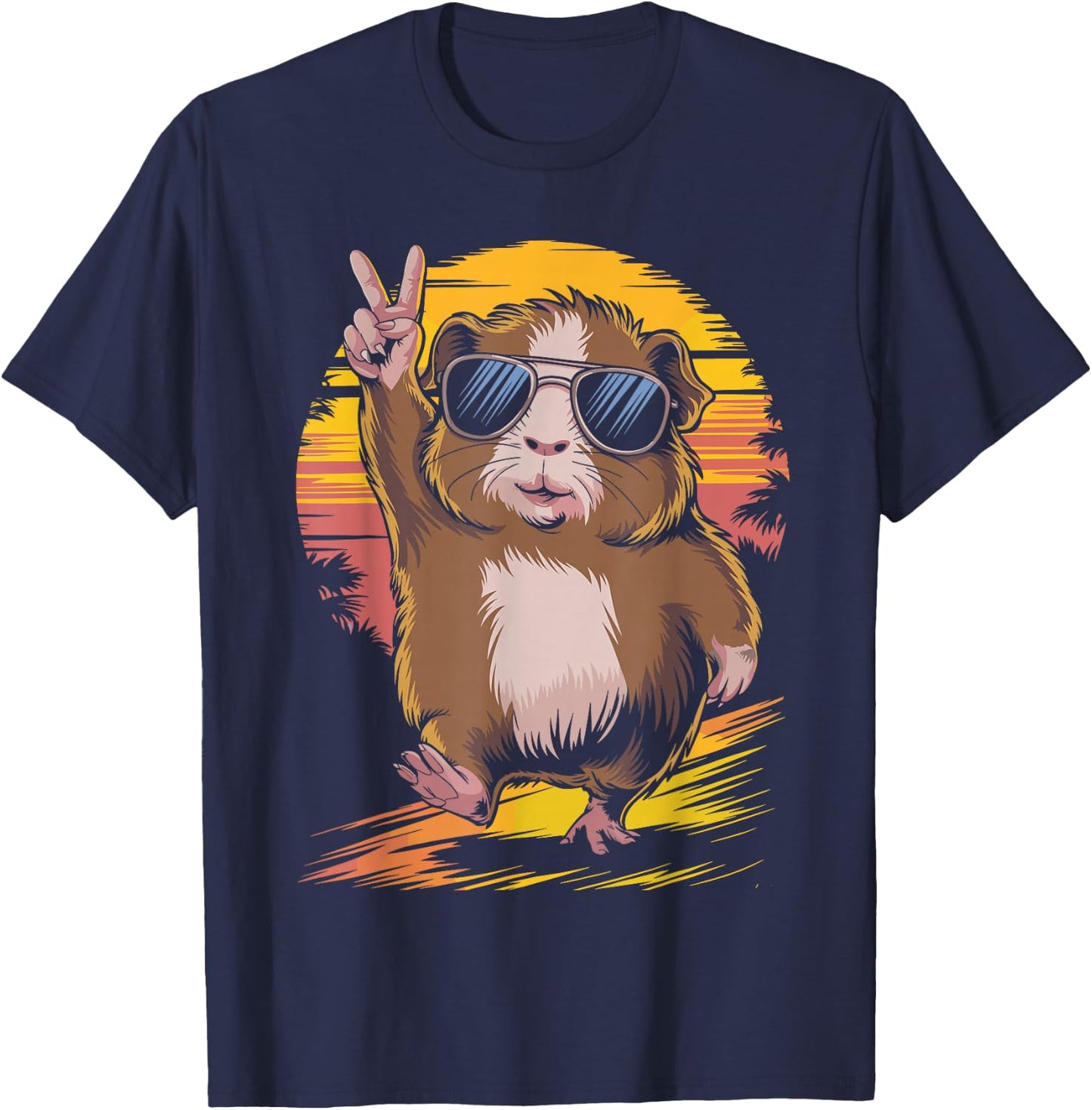 Retro Sunset Cool Guinea Pig Sunglasses Peace Sign T-Shirt - T-Shirt | Navy