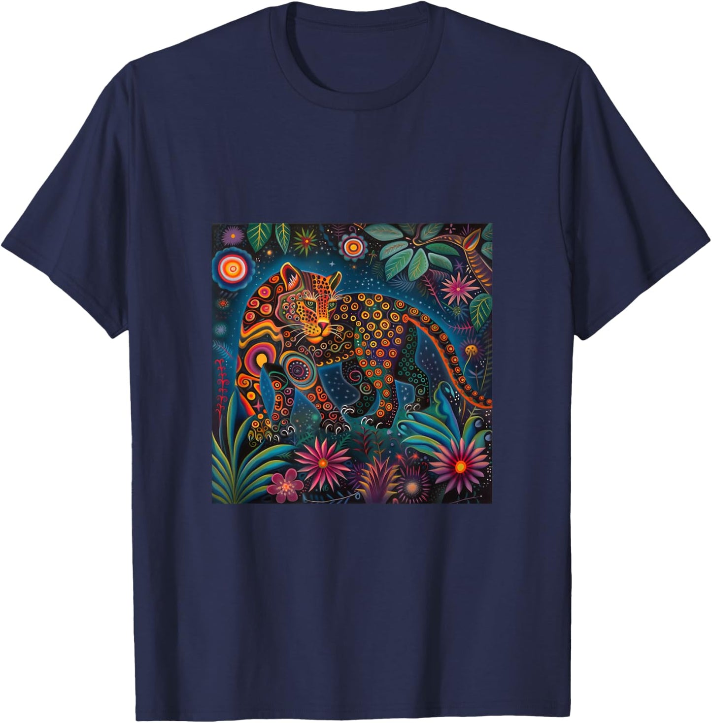 Jaguar Head Huichol Art Mexico Aztec Mayas T-Shirt - T-Shirt | Navy