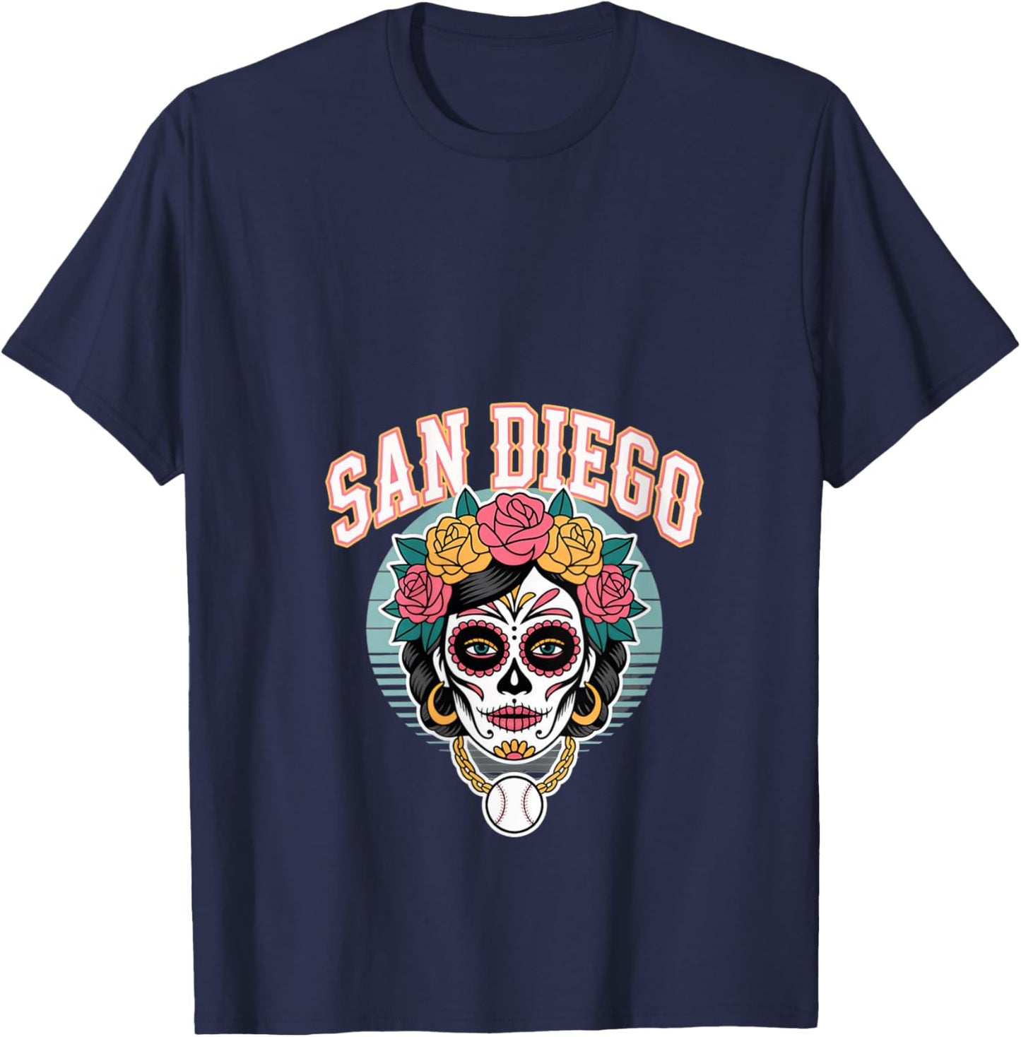 Women's San Diego Sugar Skull Flower City Baseball V-Neck T-Shirt - T-Shirt | Navy