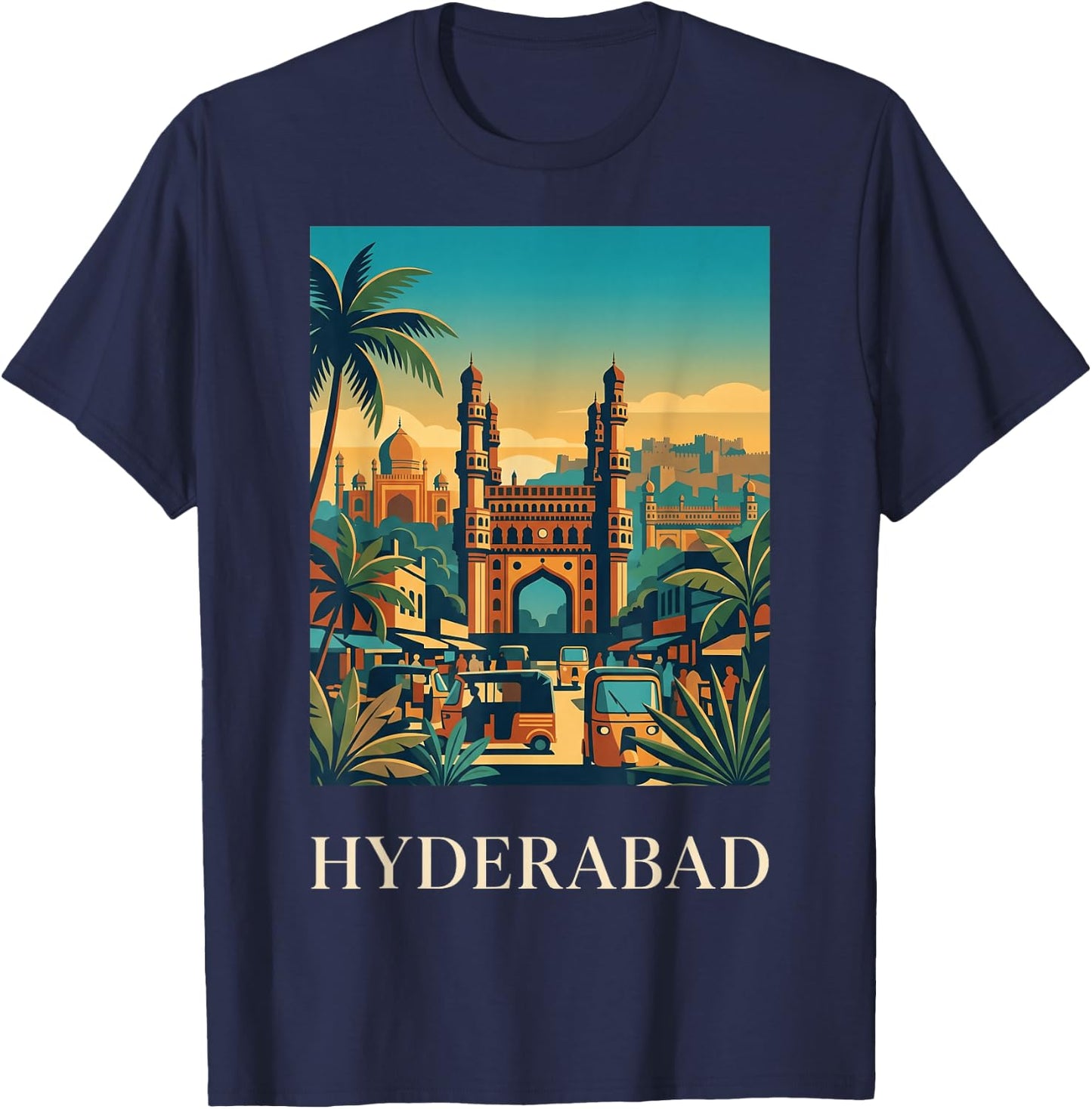 Hyderabad India Charminar Skyline Travel Poster Art T-Shirt - T-Shirt | Navy