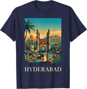 Hyderabad India Charminar Skyline Travel Poster Art T-Shirt - T-Shirt | Navy