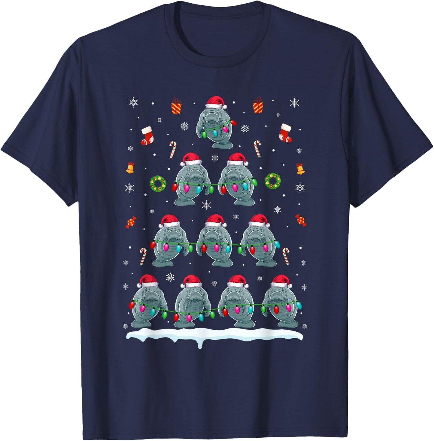 Manatee Christmas Tree Lights Women Manatee Xmas T-Shirt - T-Shirt | Navy
