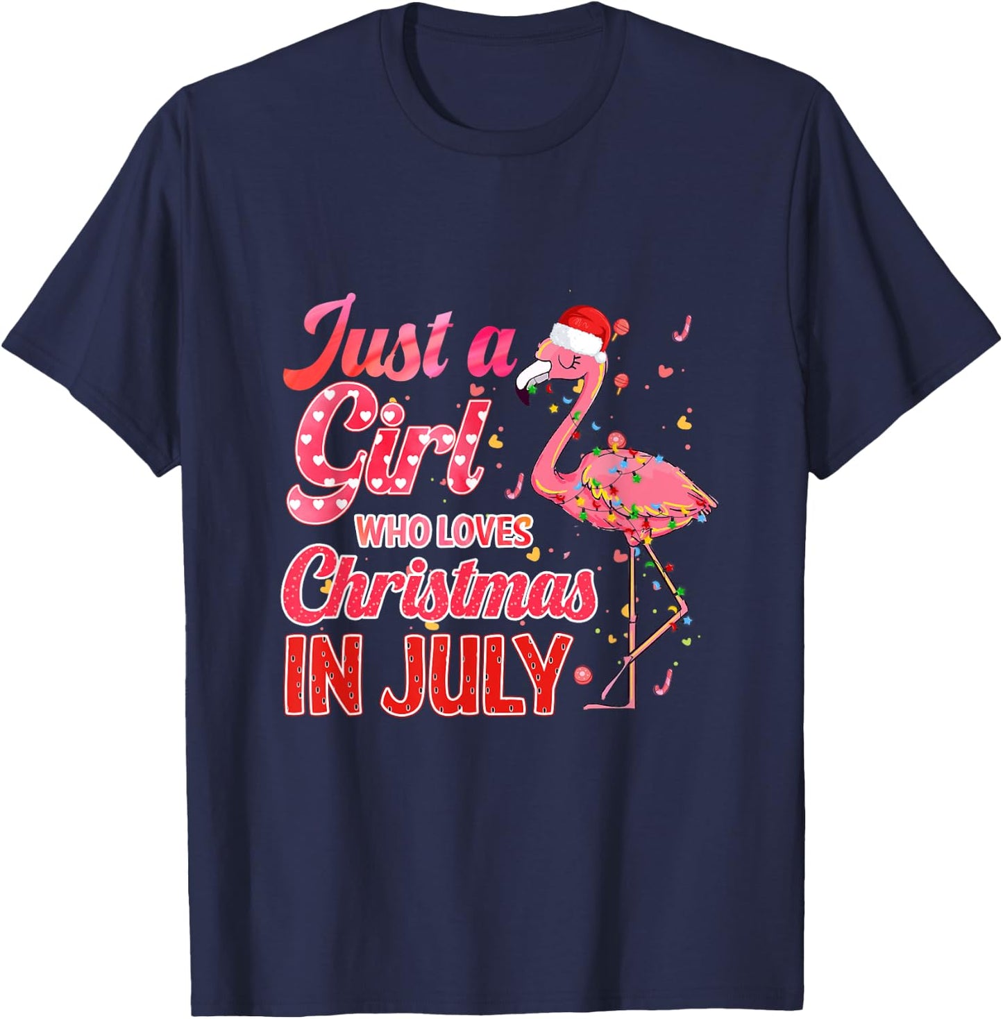 Just a Girl Who Loves Christmas in July - Pink Flamingo T-Shirt - T-Shirt | Navy