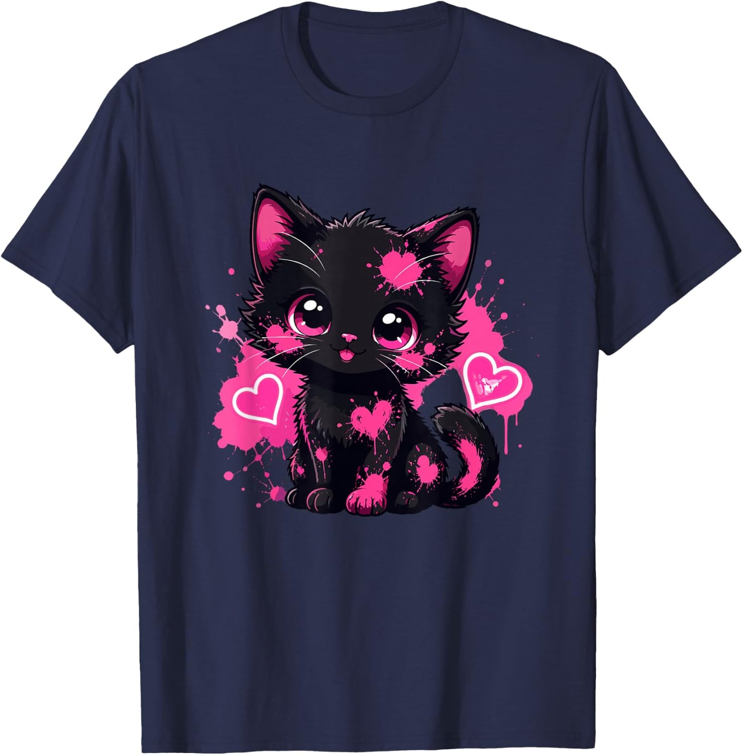 Kawaii Black Kitten Pink Paint Heart Lover T-Shirt - T-Shirt | Navy
