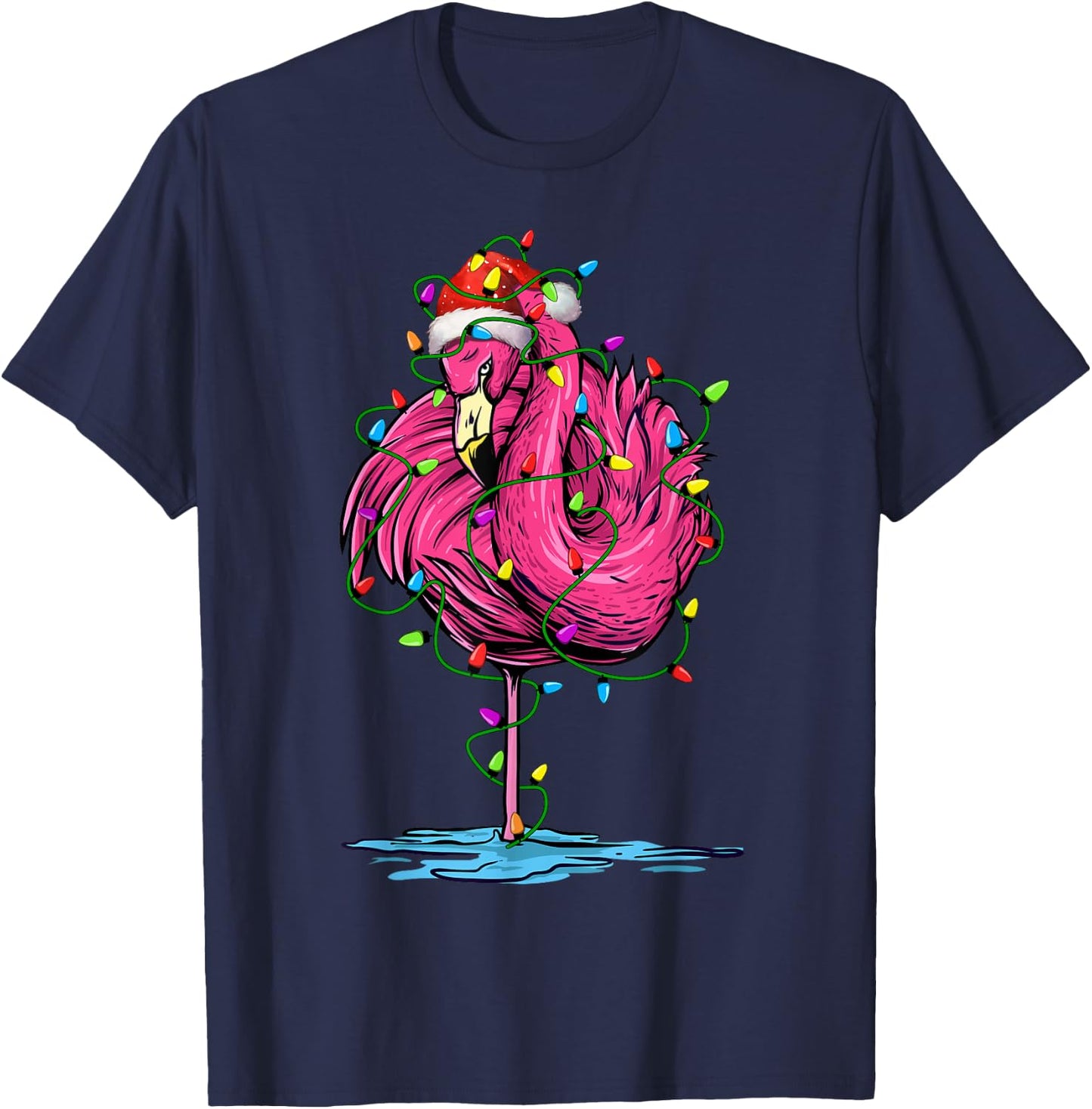 Flamingo Santa Christmas Tree Lighting Xmas Funny T-Shirt - T-Shirt | Navy