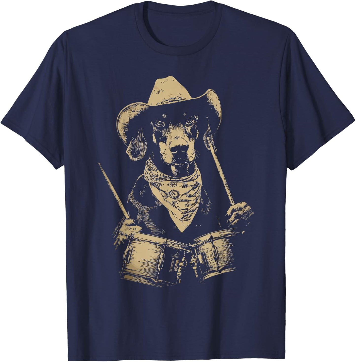 Cute Doberman Playing Drums Funny Cowboy Dog Western Drummer T-Shirt - T-Shirt | Navy
