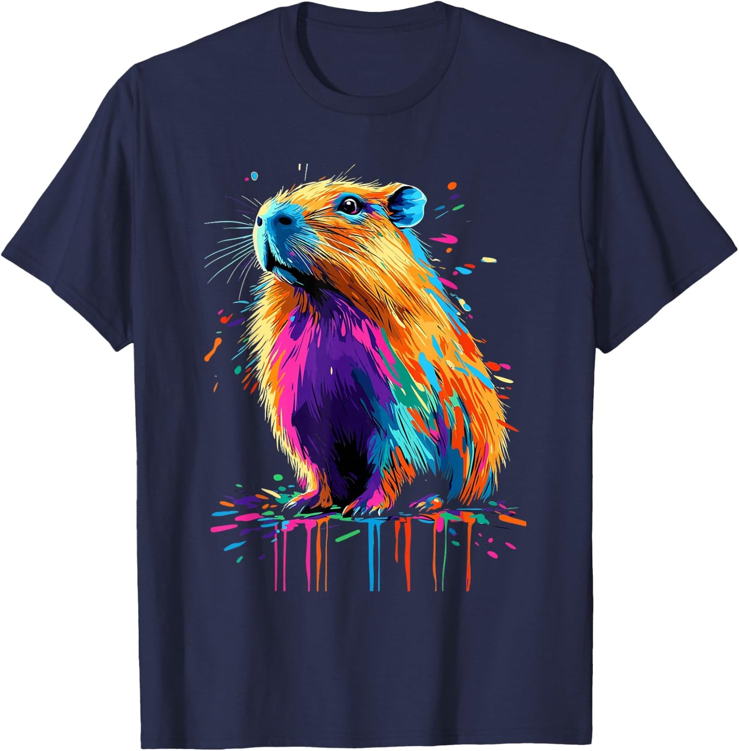 Capybara Lovers Colorful Splash Art Rodent Capybara , Black, S T-Shirt - T-Shirt | Navy