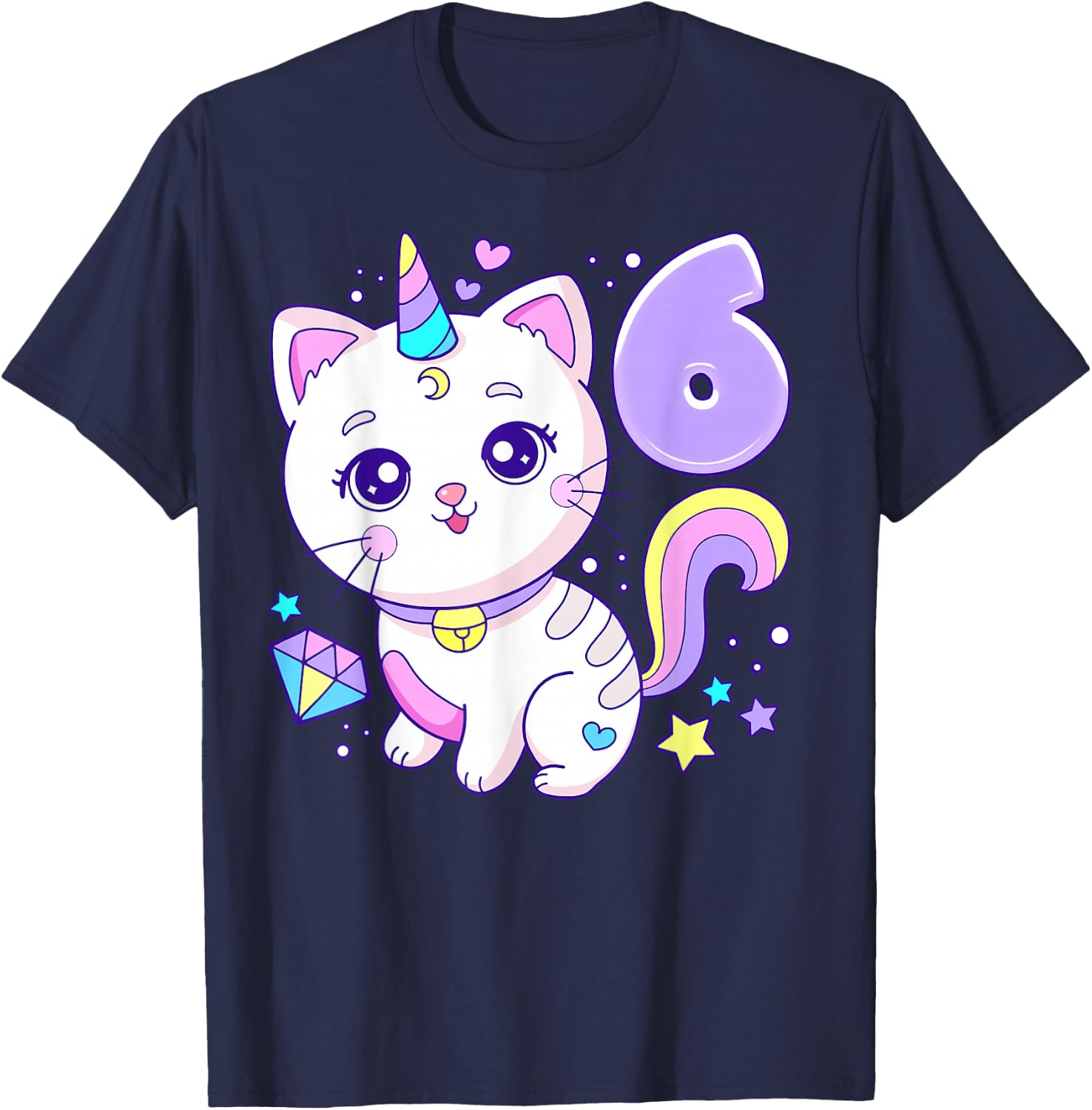 Geburtstag Mädchen 6 Jahre, Katze, Einhorn, 6. Geburtstag T-Shirt - T-Shirt | Navy