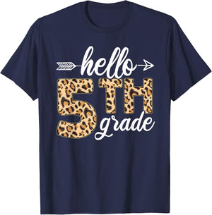 Hello 5th Fifth Grade Leopard Back To School Teacher Student T-Shirt - T-Shirt | Navy