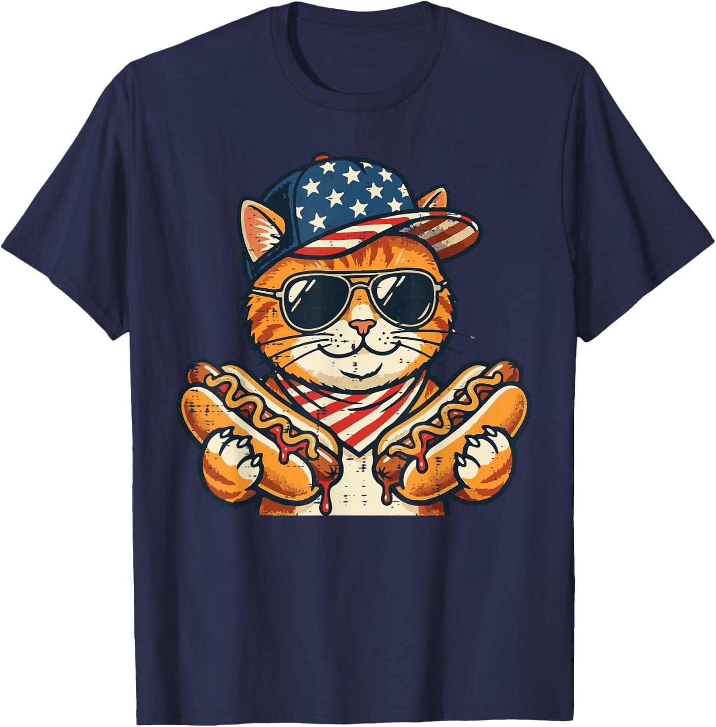 4th of July Cat Hotdog US Flag Cap Patriotic Men Women Kids T-Shirt - T-Shirt | Navy